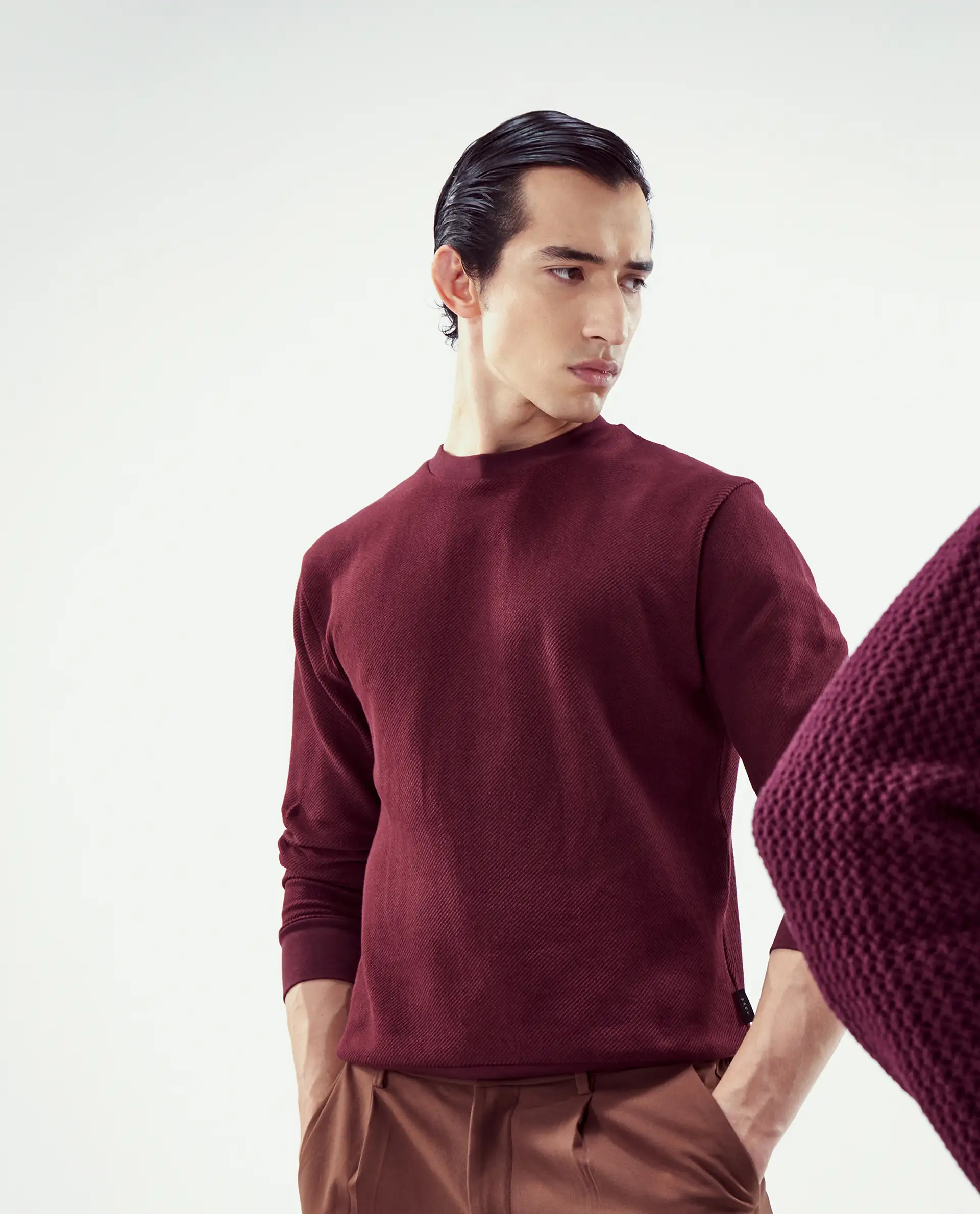 Rare Rabbit Men's Nial Dark Red Polyester Plain Regular Fit Full Sleeve Crew Neck Sweatshirt - Image 3