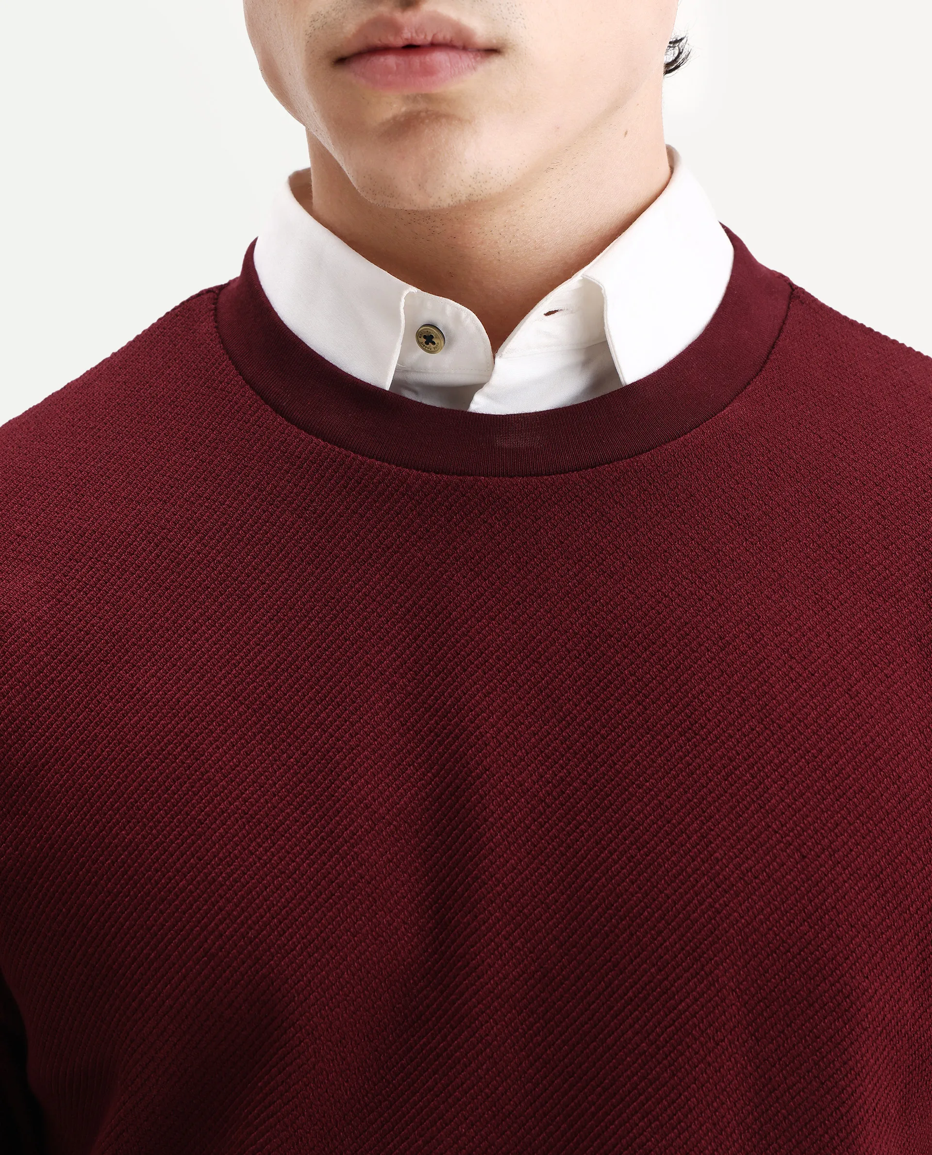Rare Rabbit Men's Nial Dark Red Polyester Plain Regular Fit Full Sleeve Crew Neck Sweatshirt - Image 4