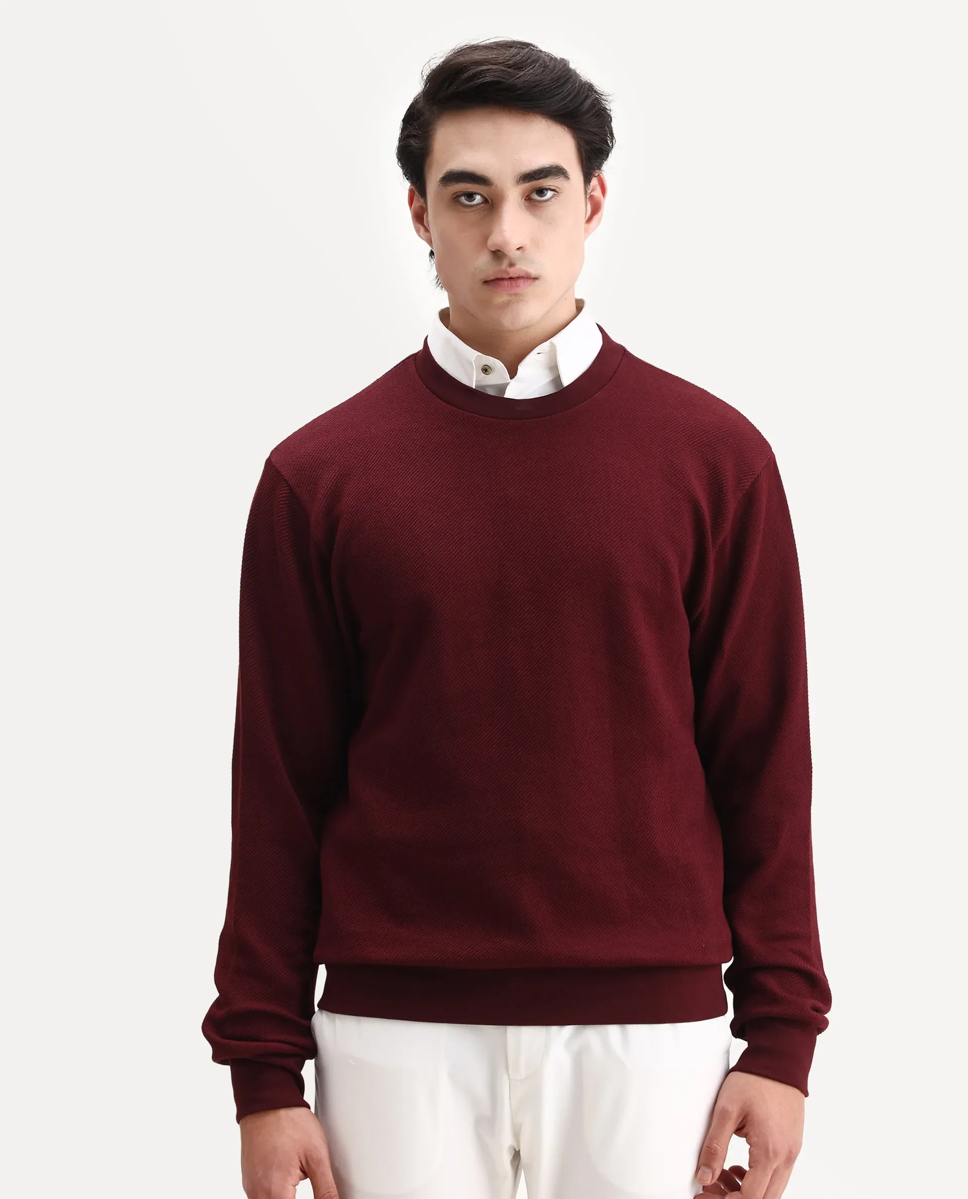 Rare Rabbit Men's Nial Dark Red Polyester Plain Regular Fit Full Sleeve Crew Neck Sweatshirt - Image 5