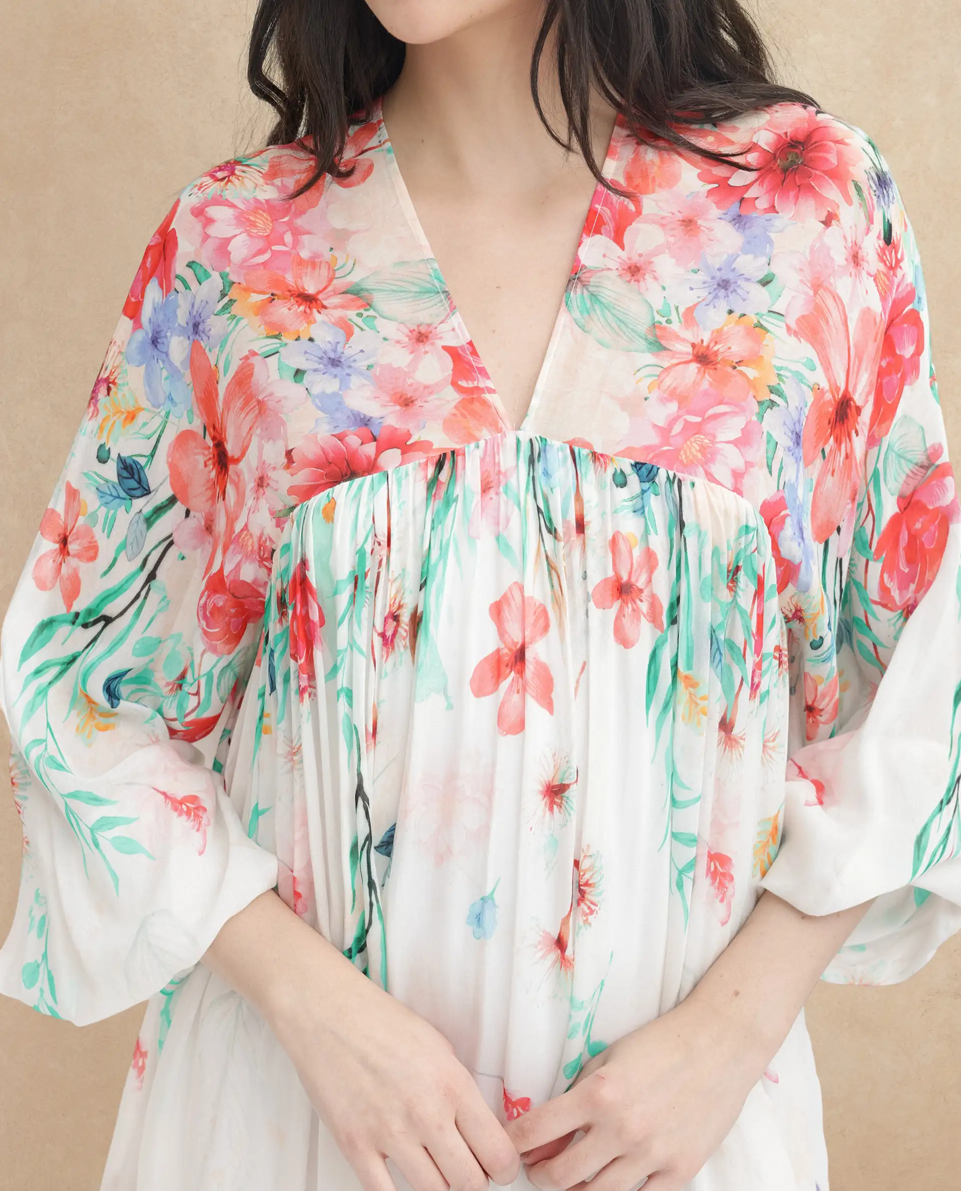 Rareism Women's Nicheo Multi Viscose V-Neck Floral Print Extended Sleeves Knee Length Flared Dress - Image 2