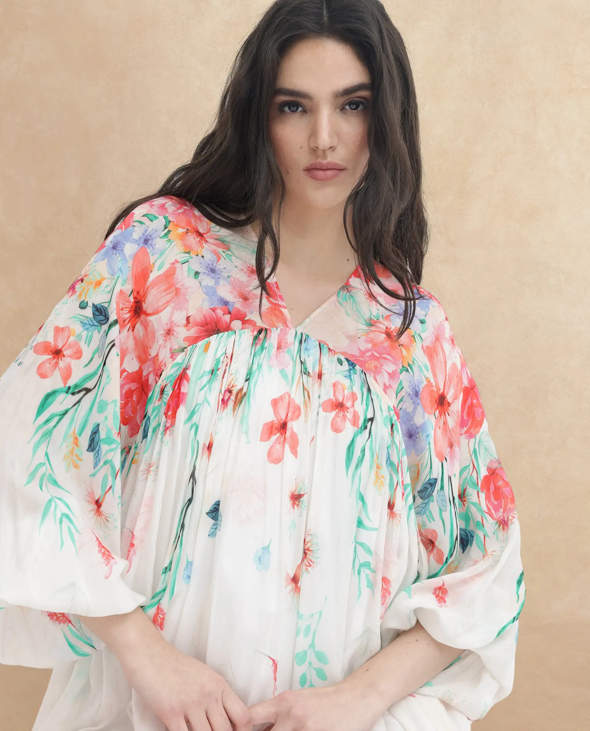Rareism Women's Nicheo Multi Viscose V-Neck Floral Print Extended Sleeves Knee Length Flared Dress - Image 3