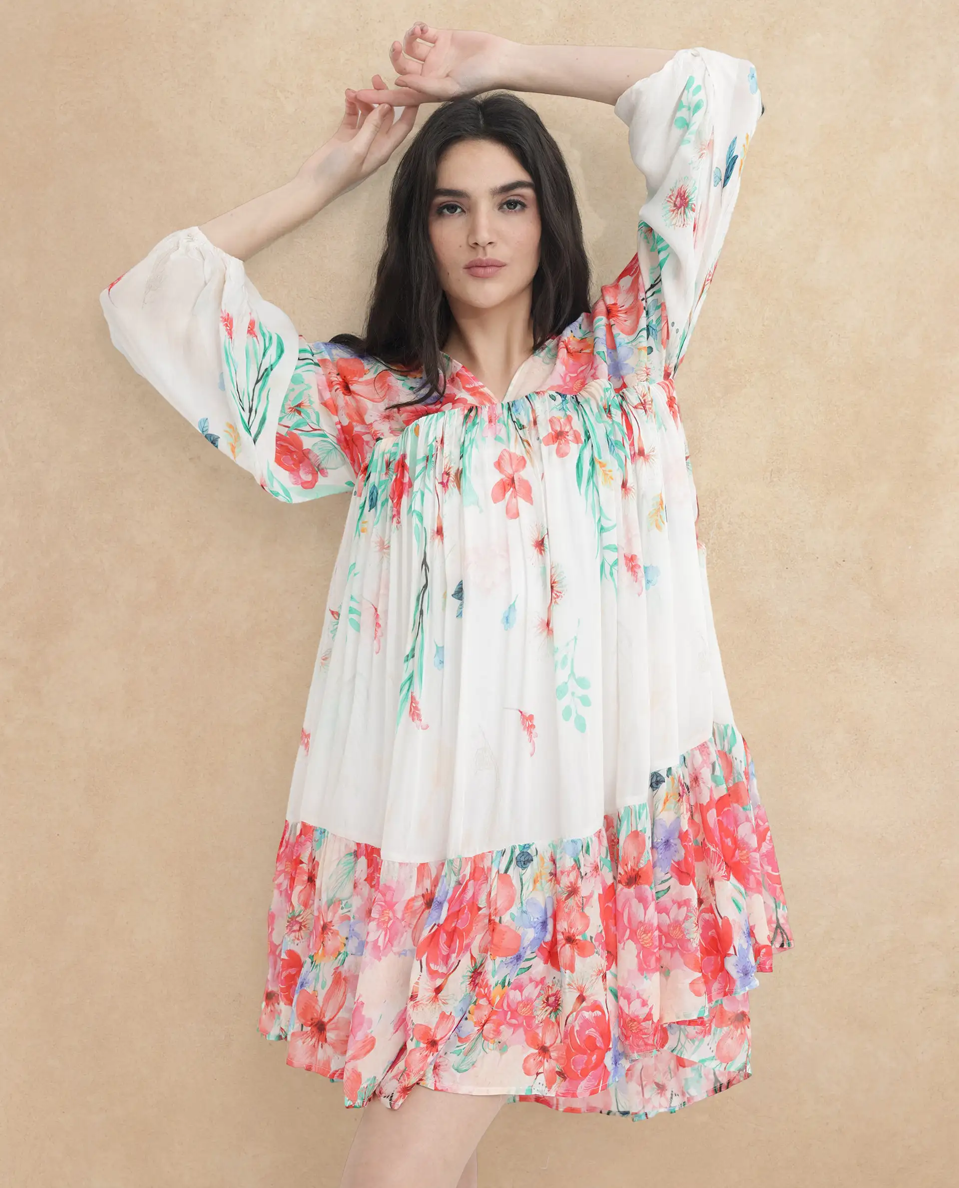 Rareism Women's Nicheo Multi Viscose V-Neck Floral Print Extended Sleeves Knee Length Flared Dress - Image 4