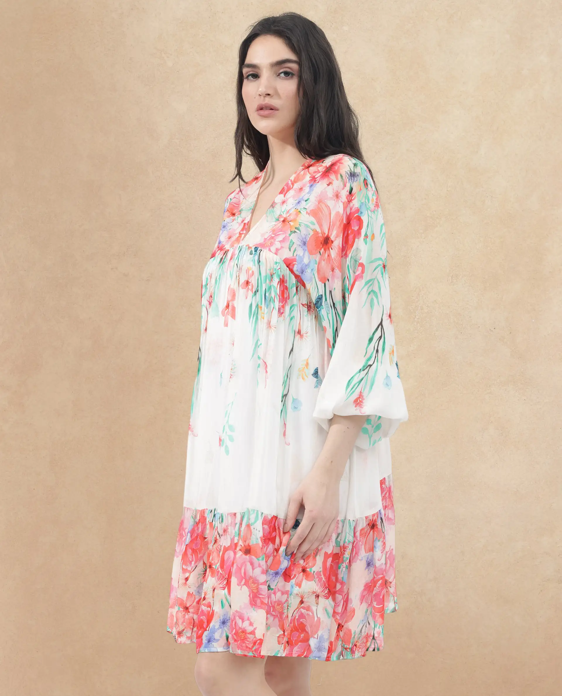 Rareism Women's Nicheo Multi Viscose V-Neck Floral Print Extended Sleeves Knee Length Flared Dress - Image 5