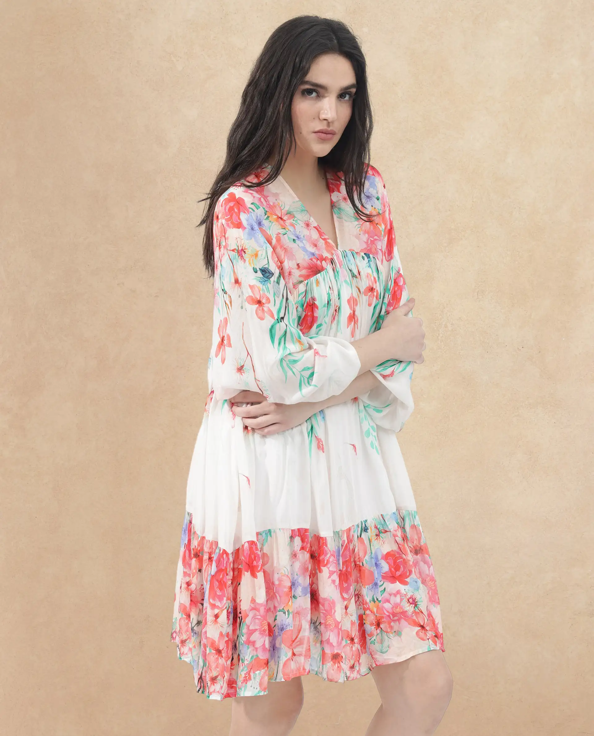 Rareism Women's Nicheo Multi Viscose V-Neck Floral Print Extended Sleeves Knee Length Flared Dress - Image 6