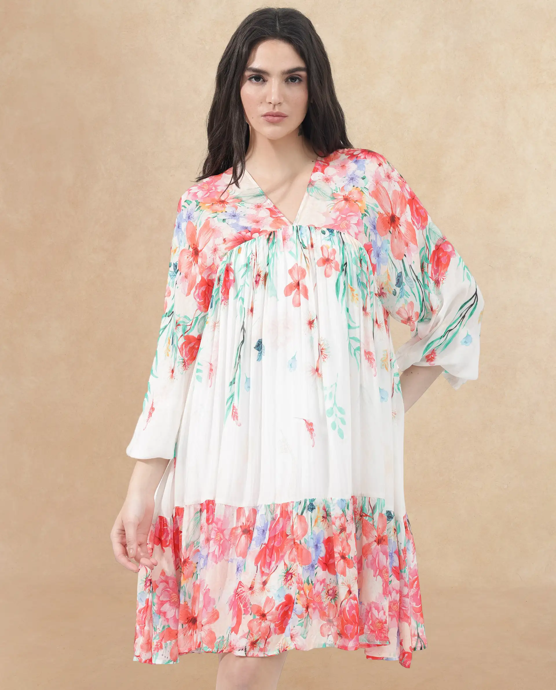 Rareism Women's Nicheo Multi Viscose V-Neck Floral Print Extended Sleeves Knee Length Flared Dress - Image 7