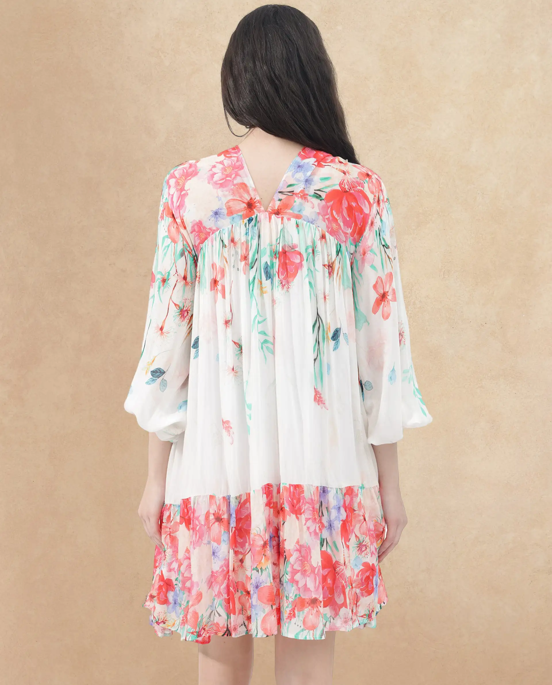 Rareism Women's Nicheo Multi Viscose V-Neck Floral Print Extended Sleeves Knee Length Flared Dress - Image 8