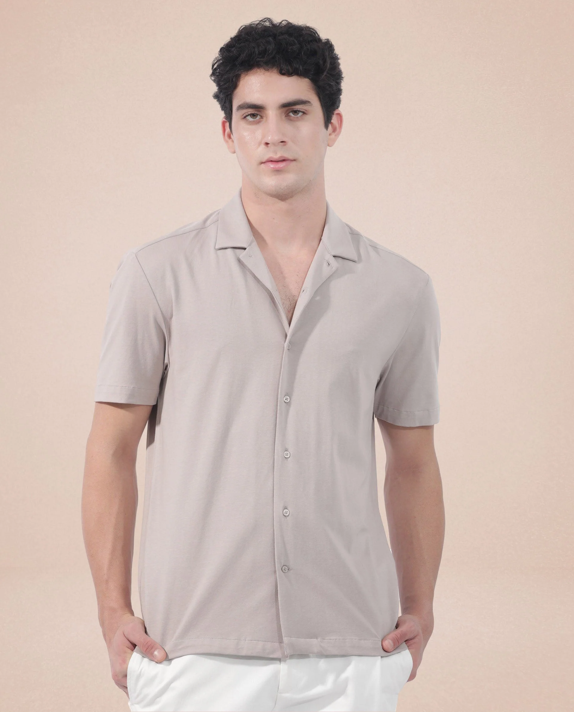 Rare Rabbit Men's Nick Beige Cotton Lycra Fabric Cuban Collar Half Sleeves Solid Shirt - Image 2