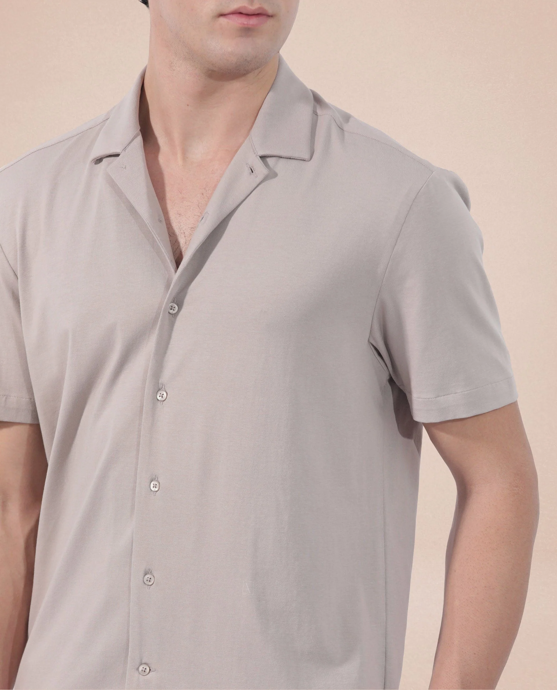 Rare Rabbit Men's Nick Beige Cotton Lycra Fabric Cuban Collar Half Sleeves Solid Shirt - Image 3
