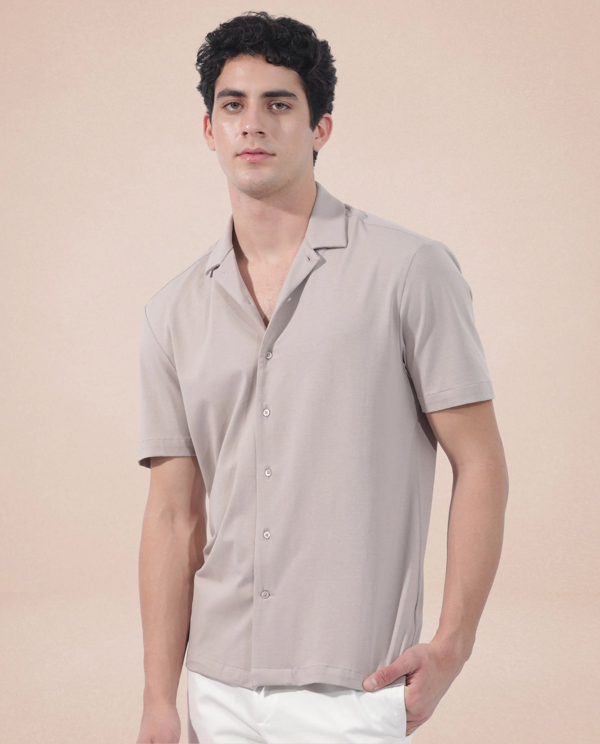 Rare Rabbit Men's Nick Beige Cotton Lycra Fabric Cuban Collar Half Sleeves Solid Shirt - Image 4