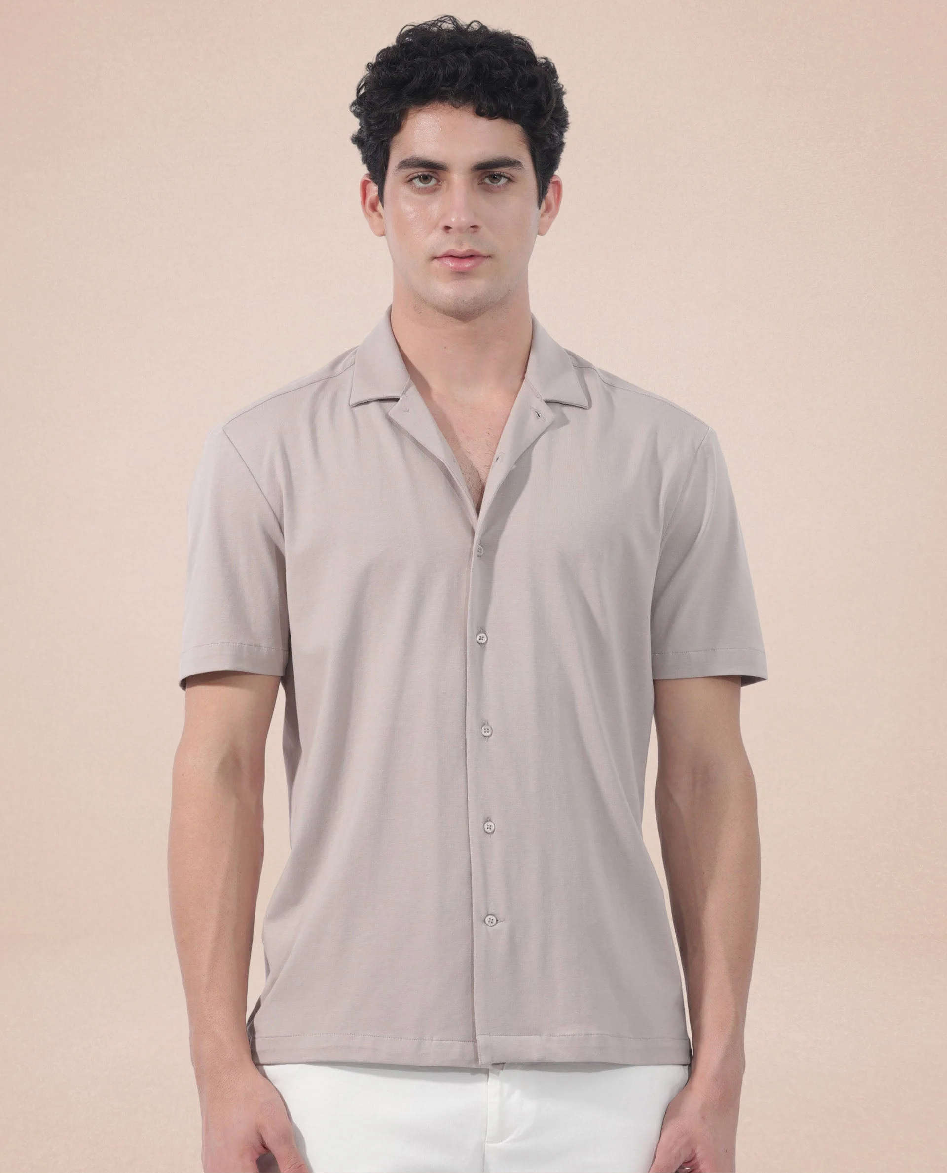Rare Rabbit Men's Nick Beige Cotton Lycra Fabric Cuban Collar Half Sleeves Solid Shirt - Image 5