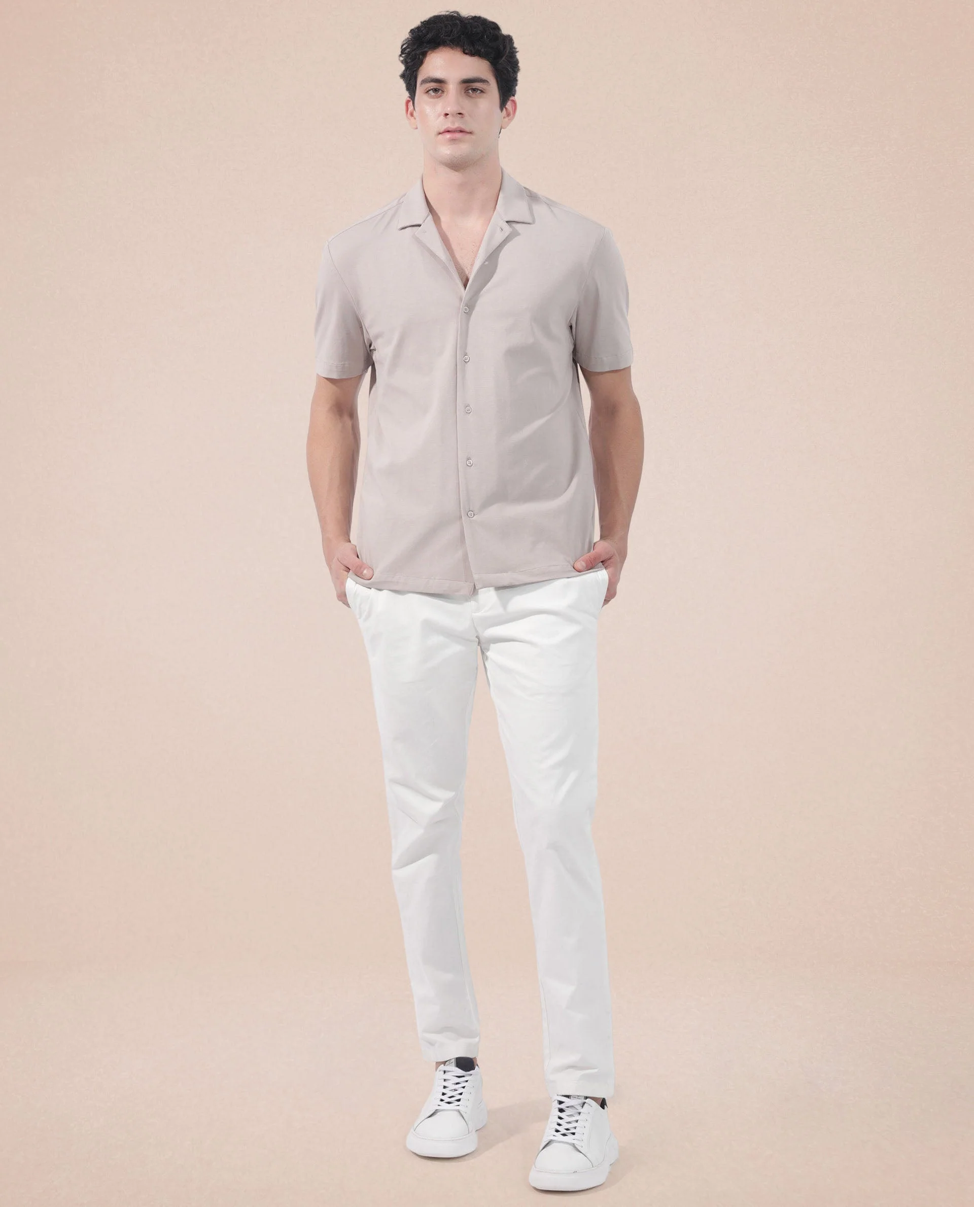 Rare Rabbit Men's Nick Beige Cotton Lycra Fabric Cuban Collar Half Sleeves Solid Shirt - Image 6