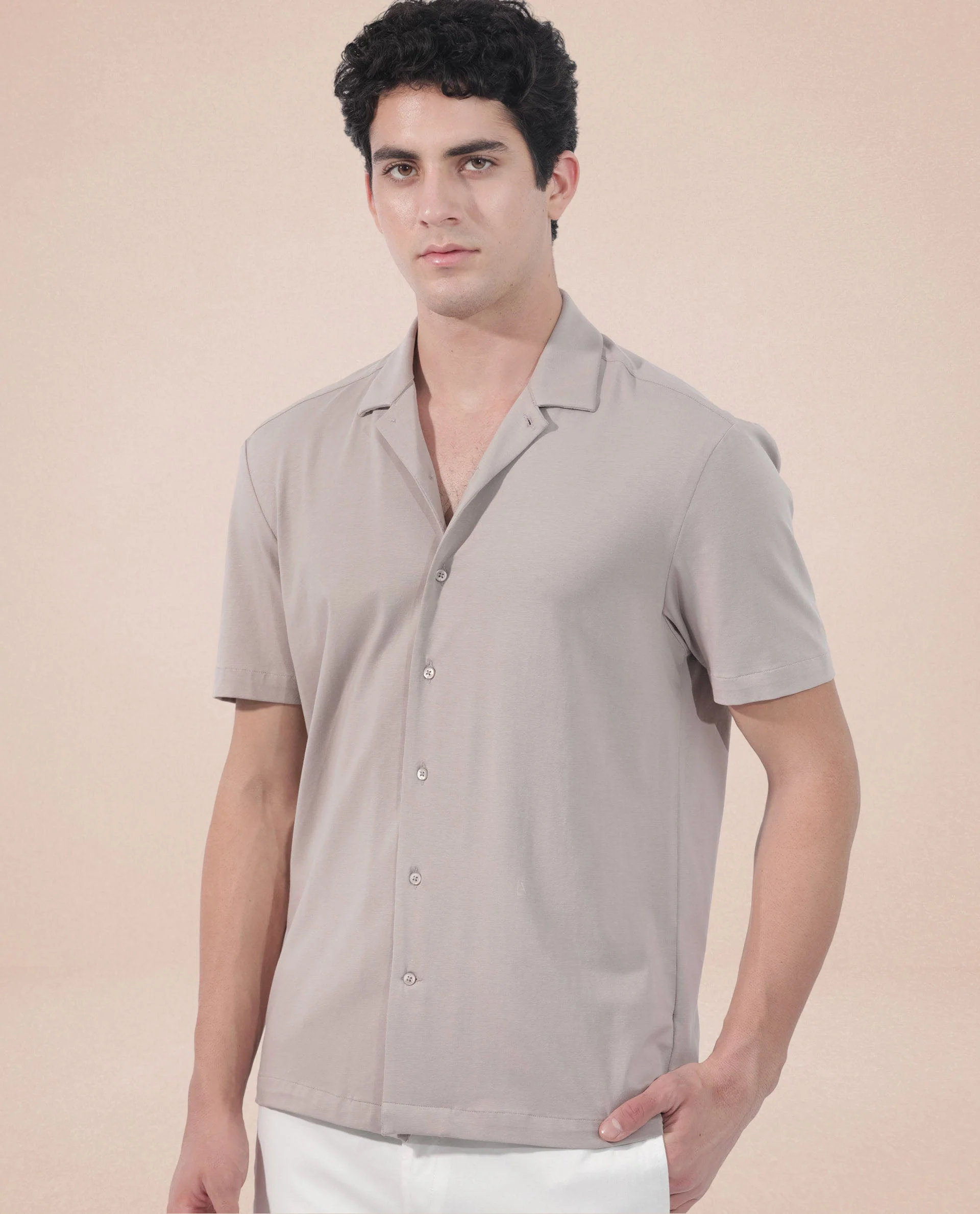 Rare Rabbit Men's Nick Beige Cotton Lycra Fabric Cuban Collar Half Sleeves Solid Shirt - Image 7