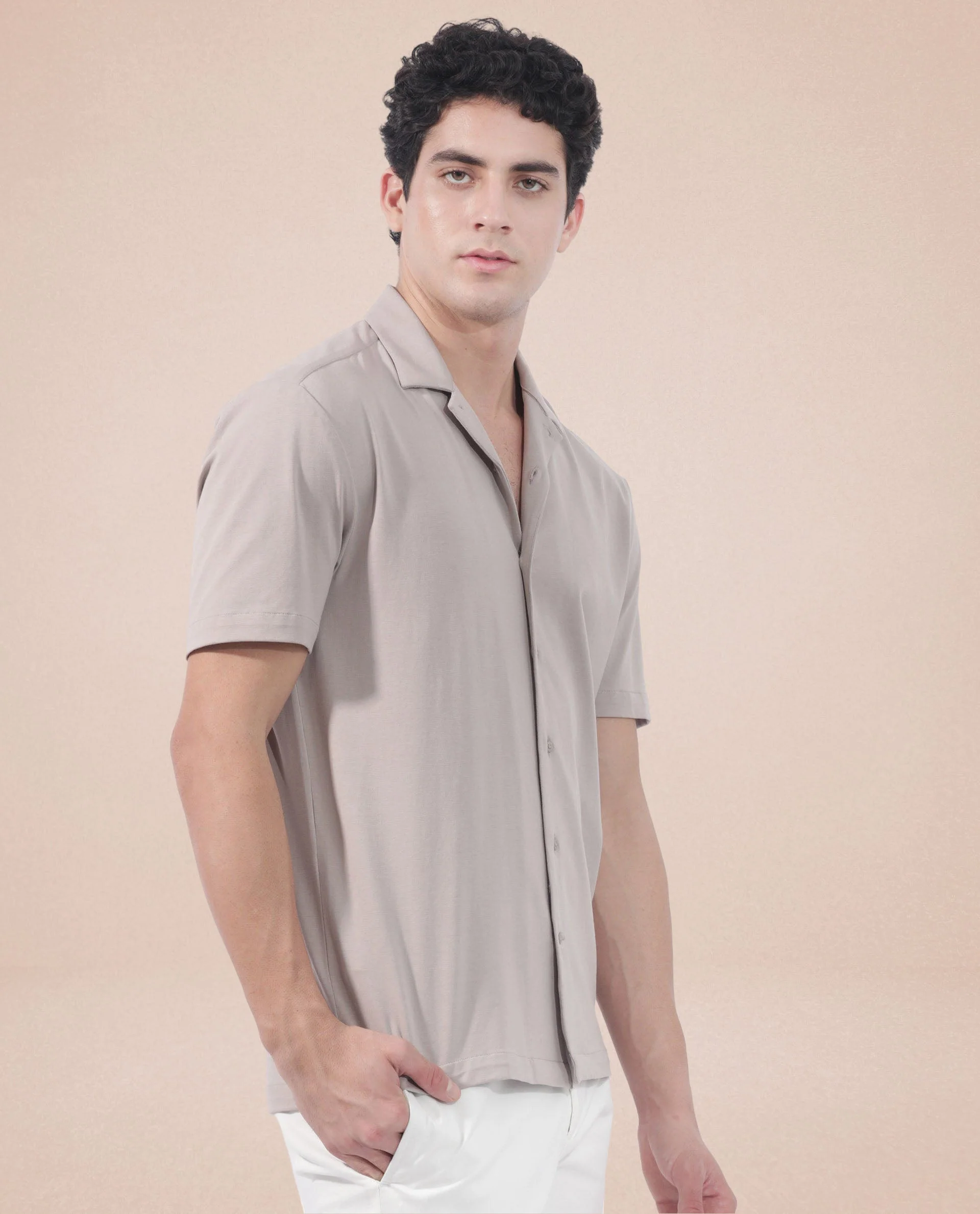 Rare Rabbit Men's Nick Beige Cotton Lycra Fabric Cuban Collar Half Sleeves Solid Shirt - Image 8