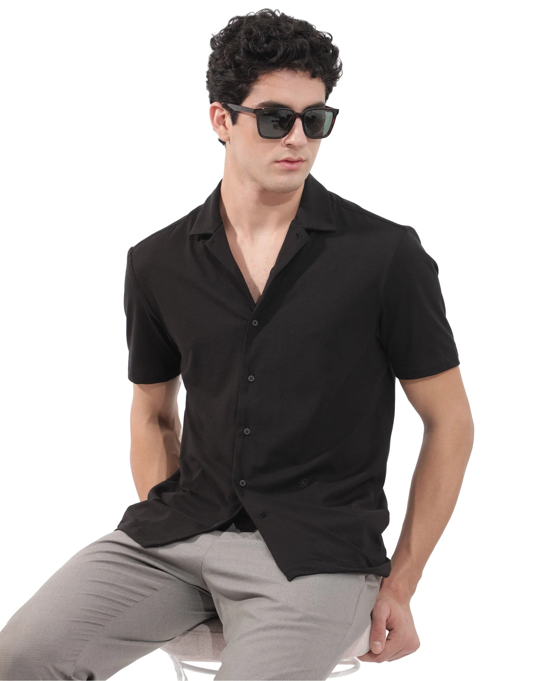 Rare Rabbit Men's Nick Black Cotton Lycra Fabric Cuban Collar Half Sleeves Solid Shirt