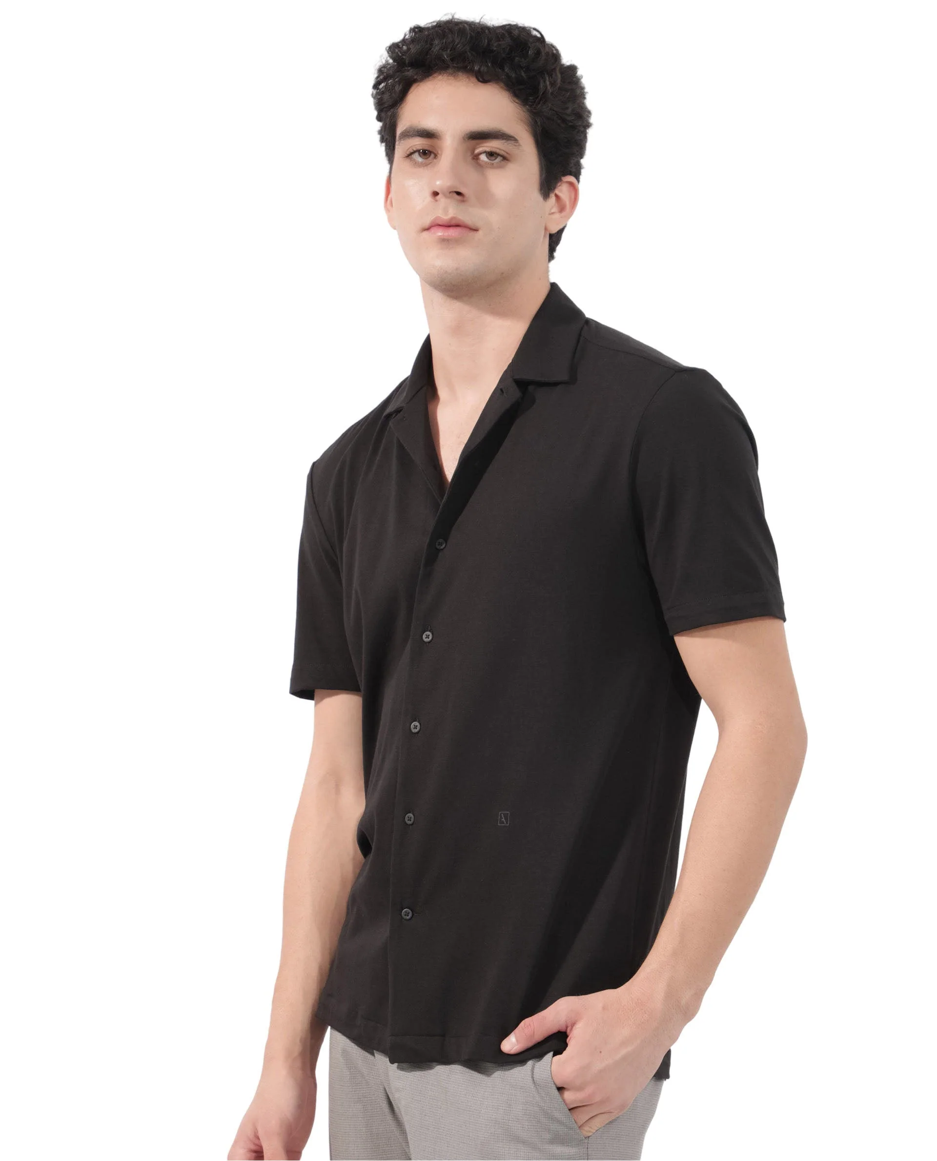 Rare Rabbit Men's Nick Black Cotton Lycra Fabric Cuban Collar Half Sleeves Solid Shirt - Image 2