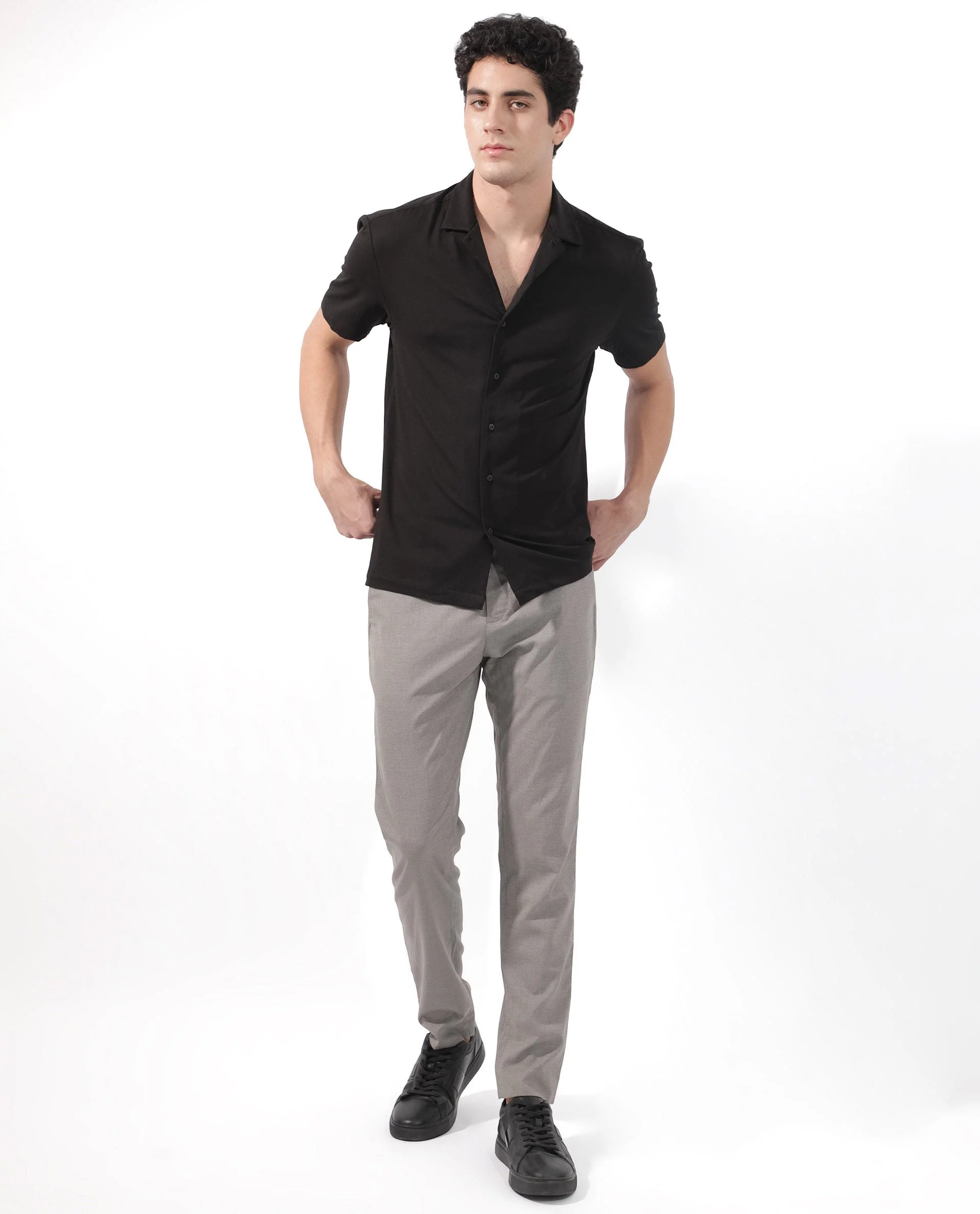 Rare Rabbit Men's Nick Black Cotton Lycra Fabric Cuban Collar Half Sleeves Solid Shirt - Image 3