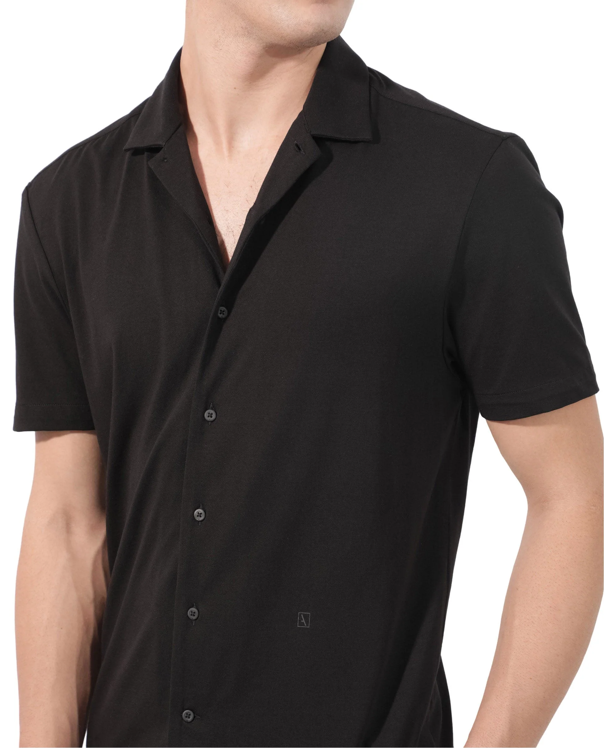 Rare Rabbit Men's Nick Black Cotton Lycra Fabric Cuban Collar Half Sleeves Solid Shirt - Image 4
