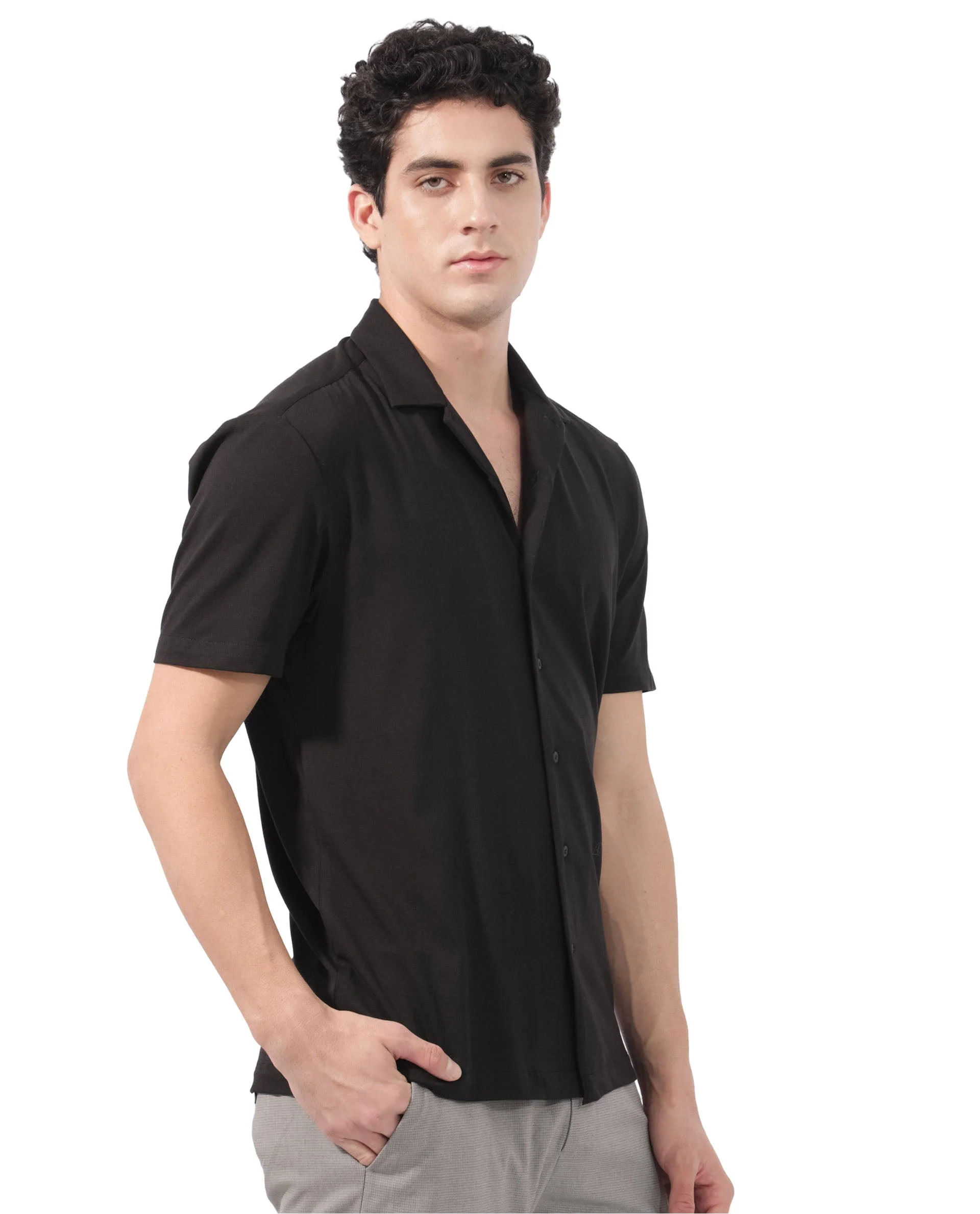 Rare Rabbit Men's Nick Black Cotton Lycra Fabric Cuban Collar Half Sleeves Solid Shirt - Image 5