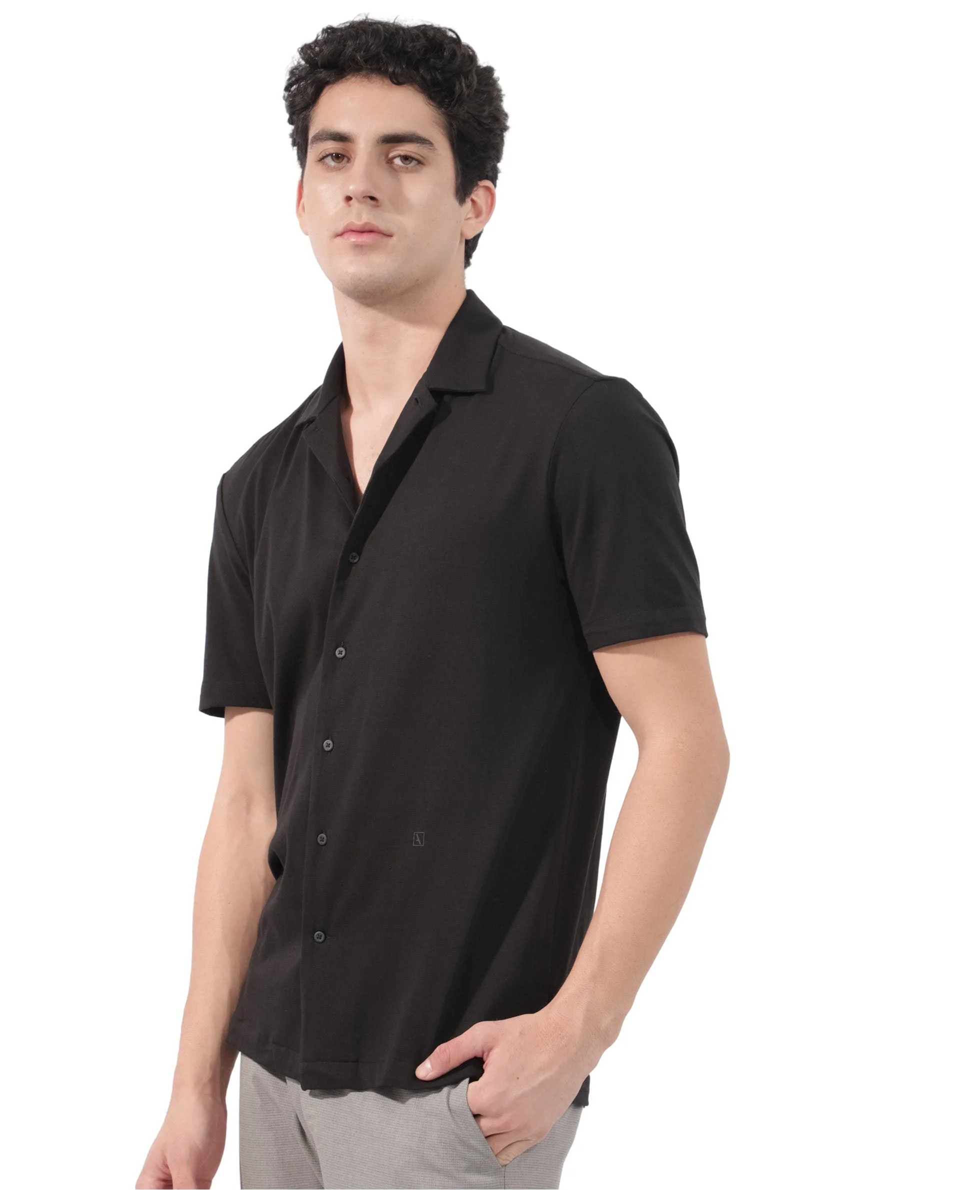 Rare Rabbit Men's Nick Black Cotton Lycra Fabric Cuban Collar Half Sleeves Solid Shirt - Image 7
