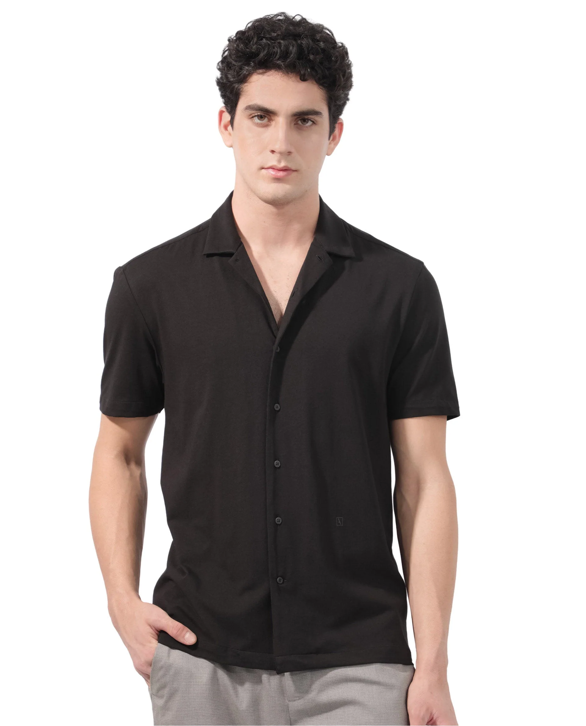 Rare Rabbit Men's Nick Black Cotton Lycra Fabric Cuban Collar Half Sleeves Solid Shirt - Image 8