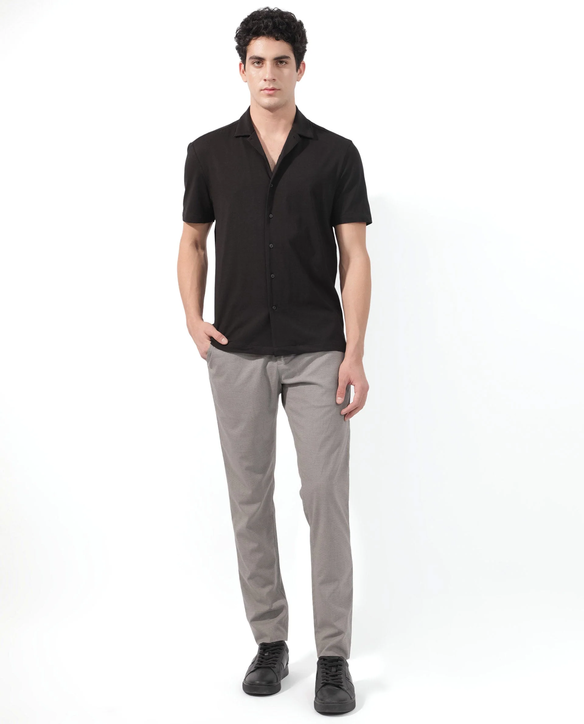 Rare Rabbit Men's Nick Black Cotton Lycra Fabric Cuban Collar Half Sleeves Solid Shirt - Image 9