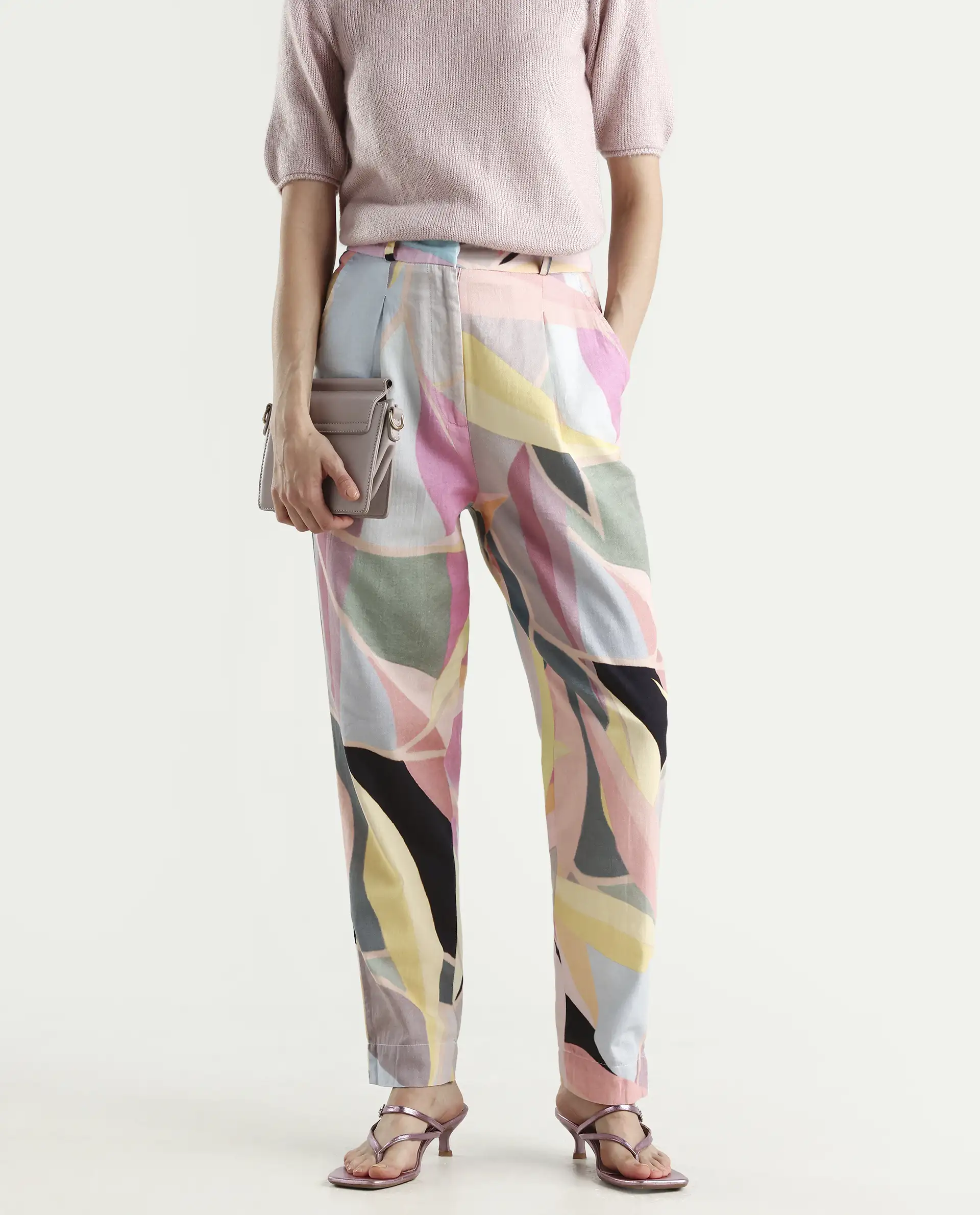 Rareism Women's Nickle Pink Cotton Abstract Print Ankle Length Tailored Trouser - Image 2