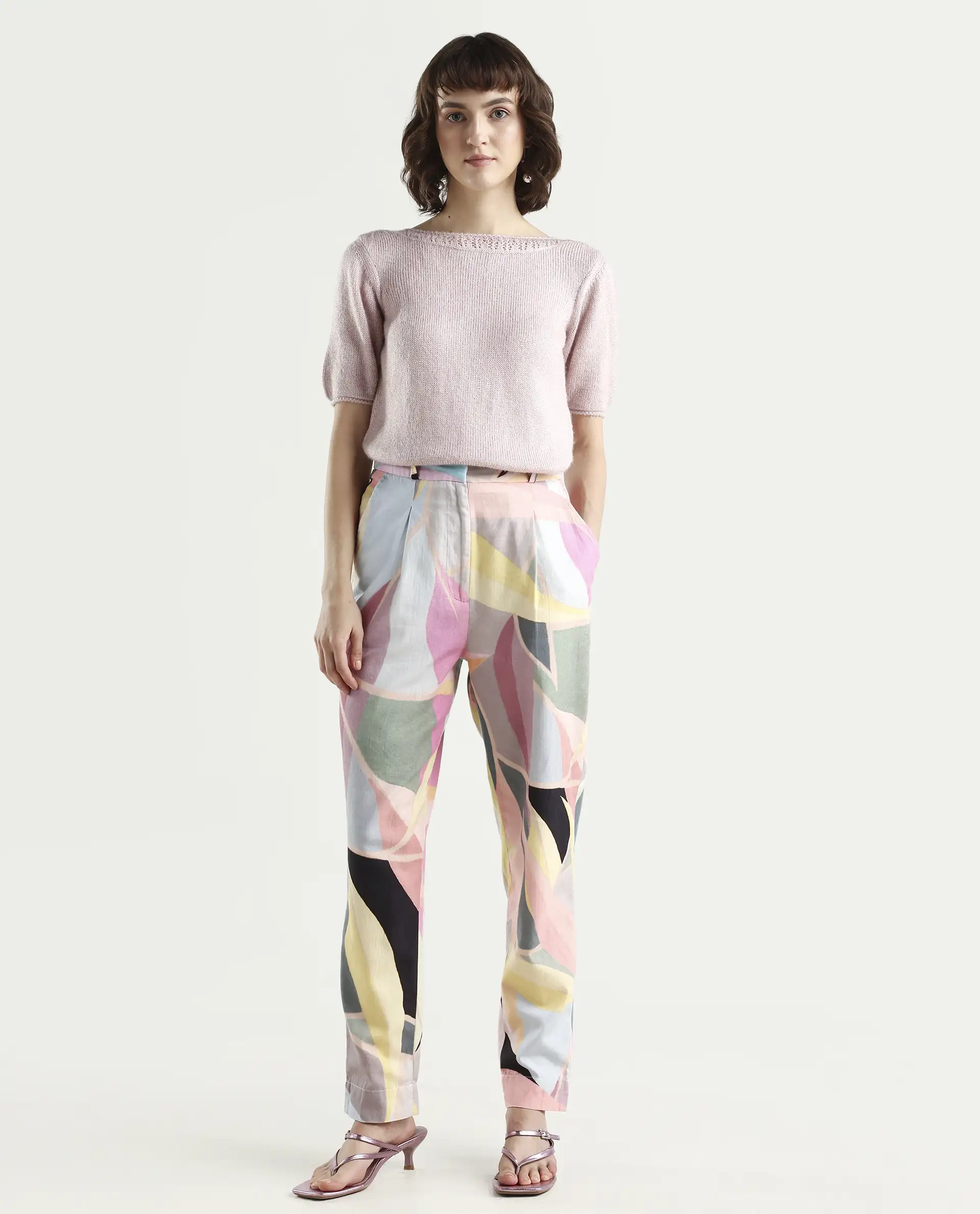 Rareism Women's Nickle Pink Cotton Abstract Print Ankle Length Tailored Trouser - Image 3