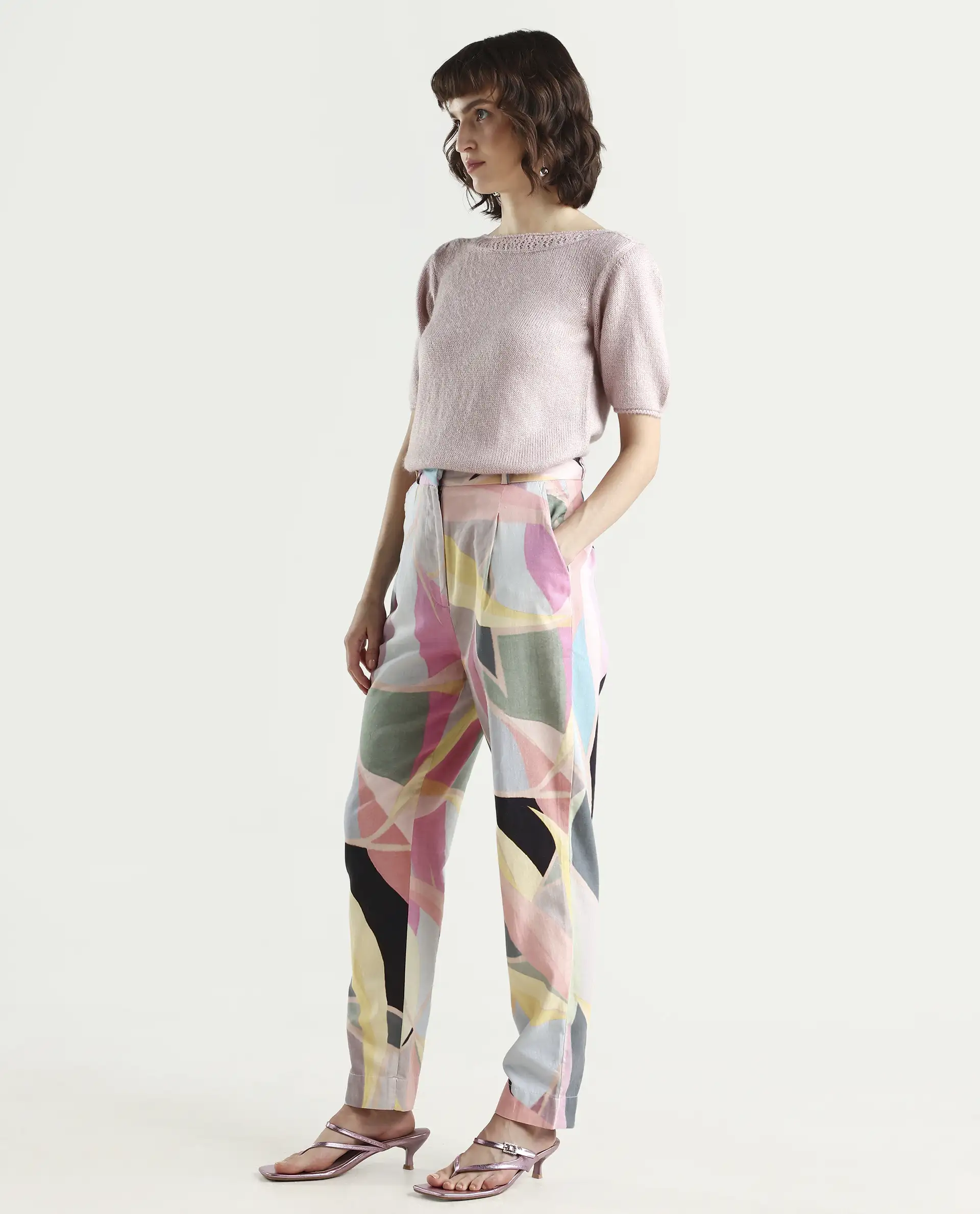 Rareism Women's Nickle Pink Cotton Abstract Print Ankle Length Tailored Trouser - Image 5