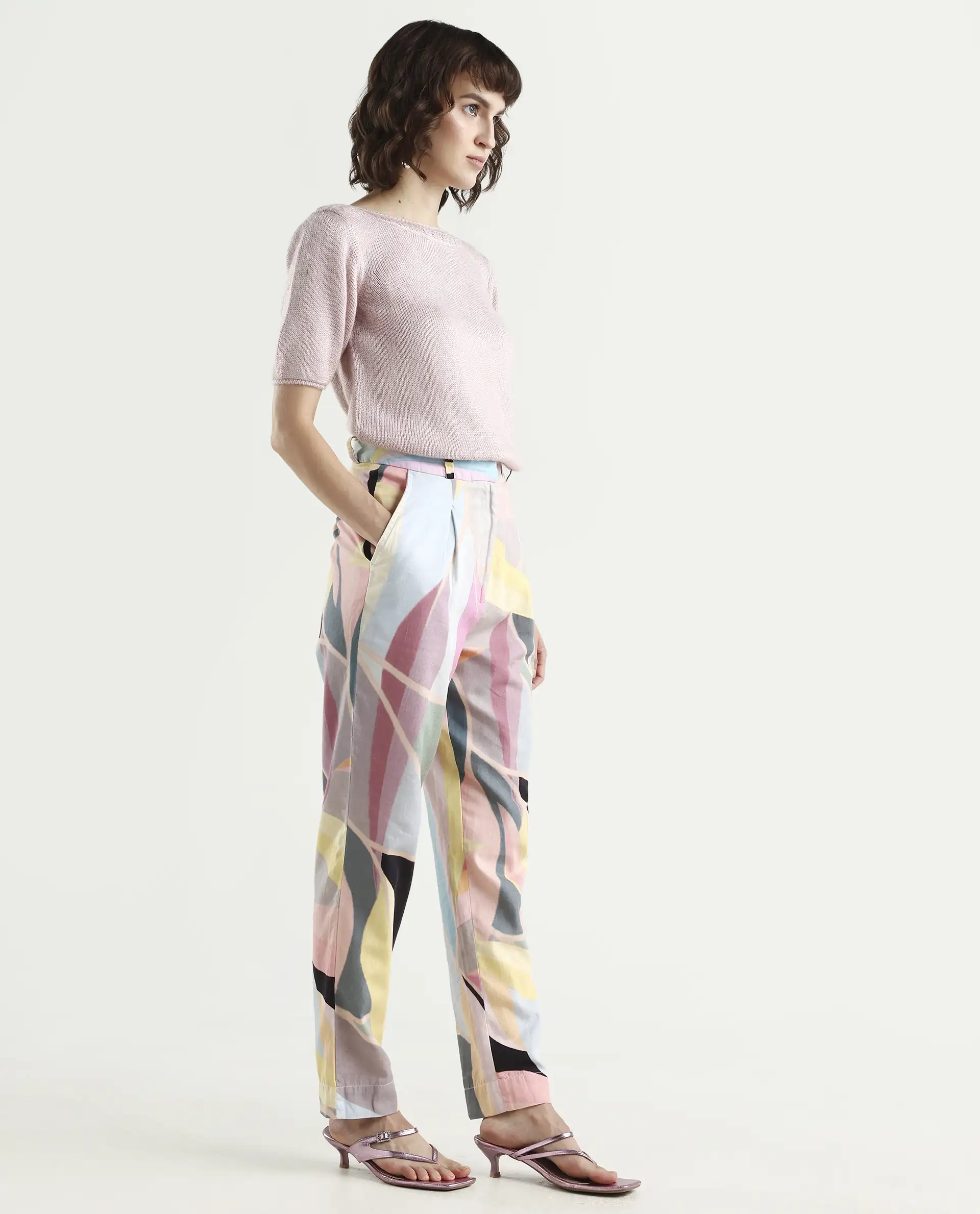 Rareism Women's Nickle Pink Cotton Abstract Print Ankle Length Tailored Trouser - Image 6