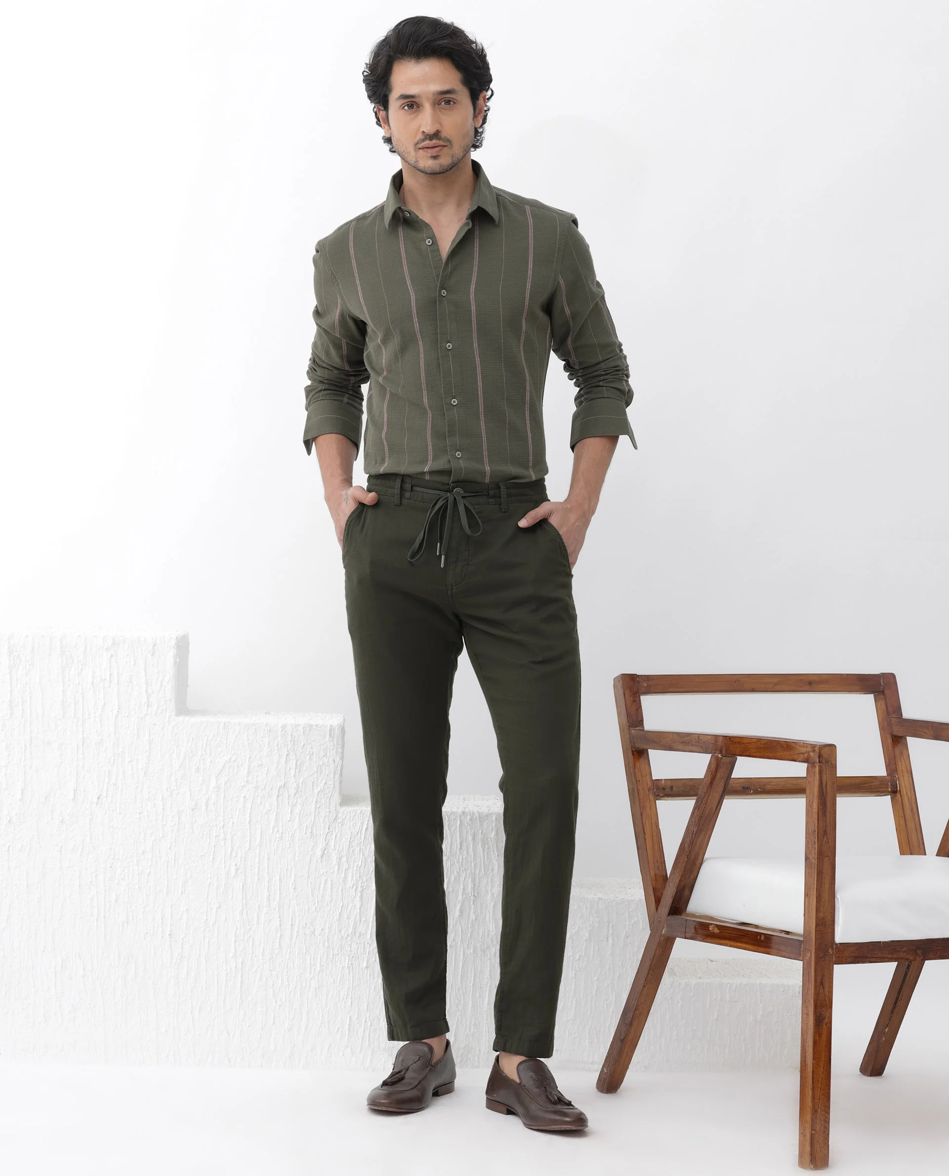 Rare Rabbit Men's Nico Olive Viscose Striped Print Regular Fit Full Sleeve Collared Shirt - Image 2