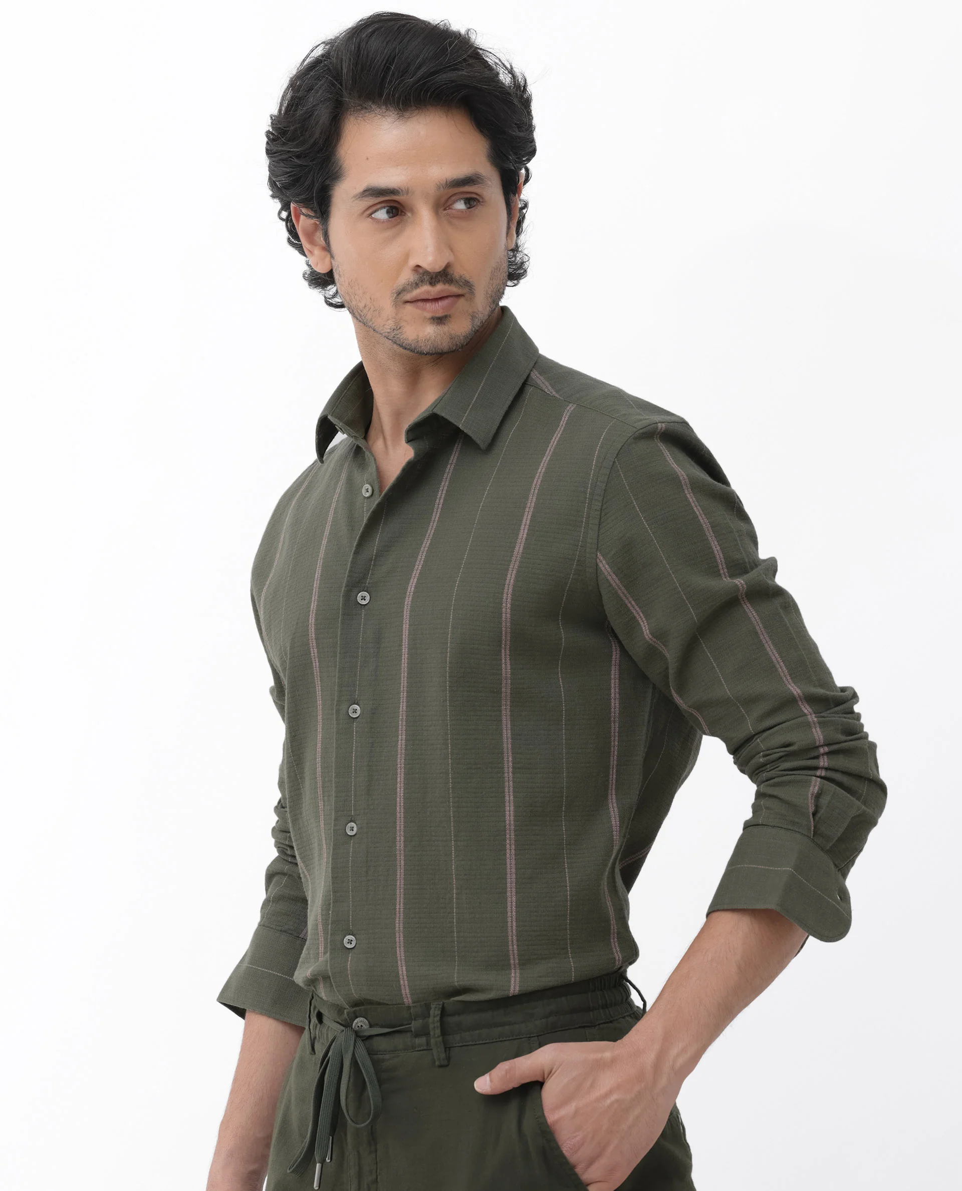 Rare Rabbit Men's Nico Olive Viscose Striped Print Regular Fit Full Sleeve Collared Shirt - Image 3