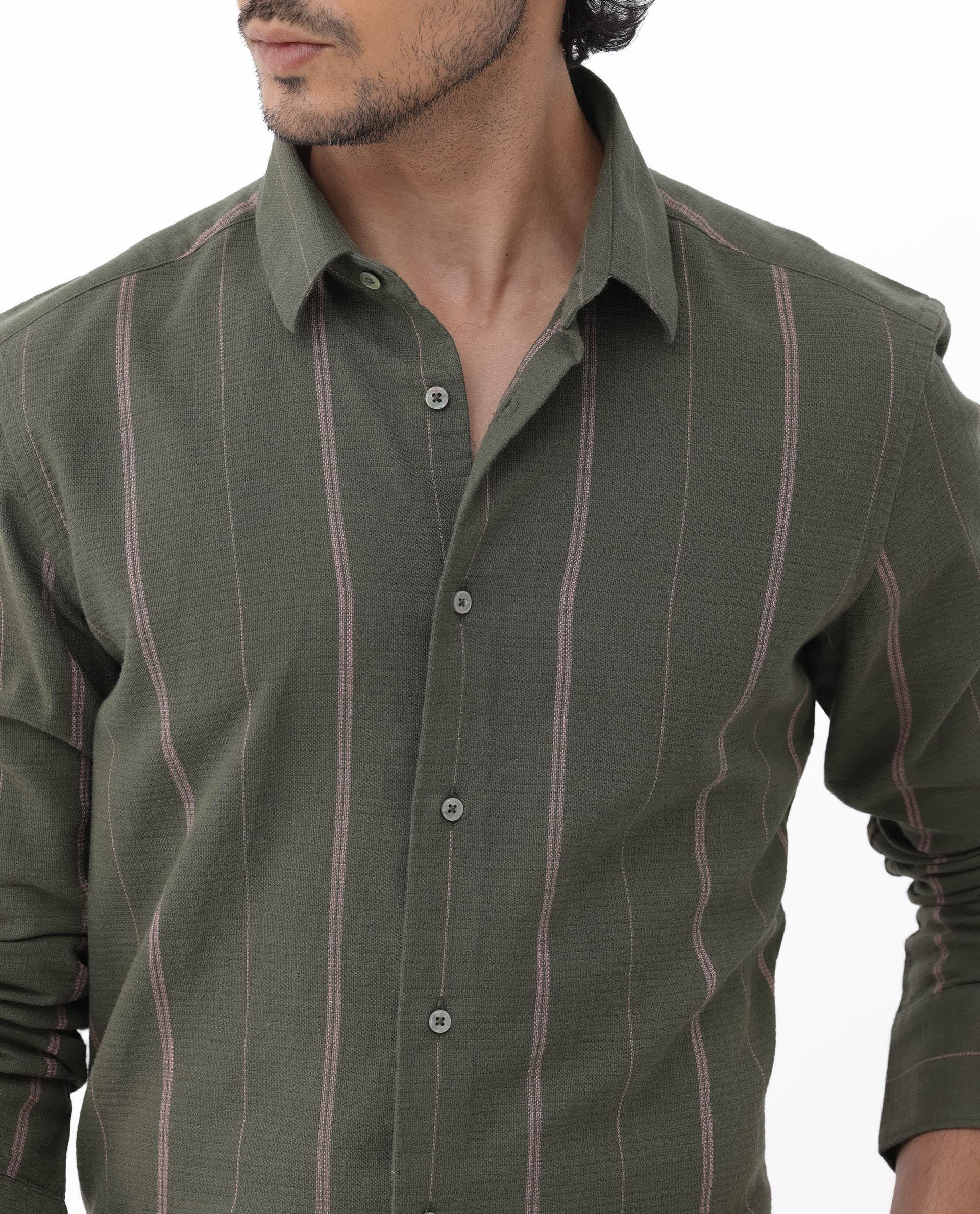 Rare Rabbit Men's Nico Olive Viscose Striped Print Regular Fit Full Sleeve Collared Shirt - Image 5