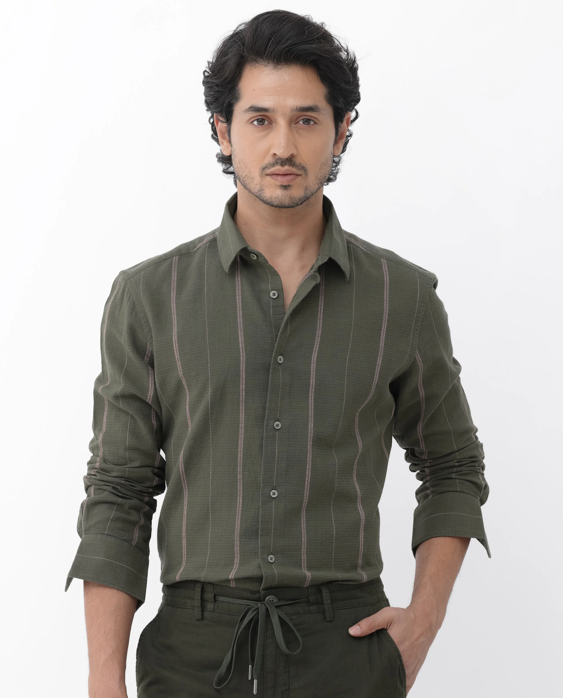 Rare Rabbit Men's Nico Olive Viscose Striped Print Regular Fit Full Sleeve Collared Shirt - Image 6