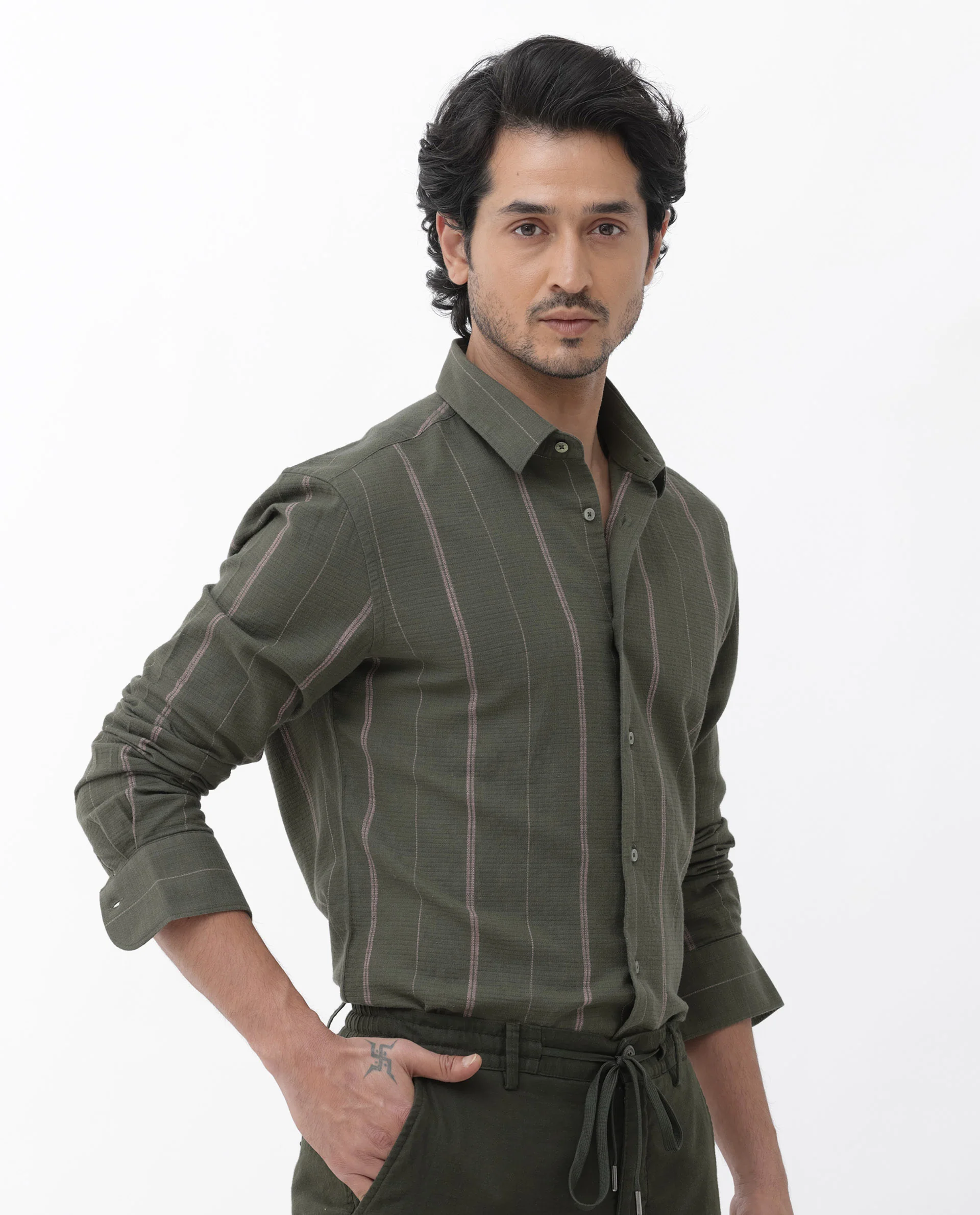 Rare Rabbit Men's Nico Olive Viscose Striped Print Regular Fit Full Sleeve Collared Shirt - Image 7