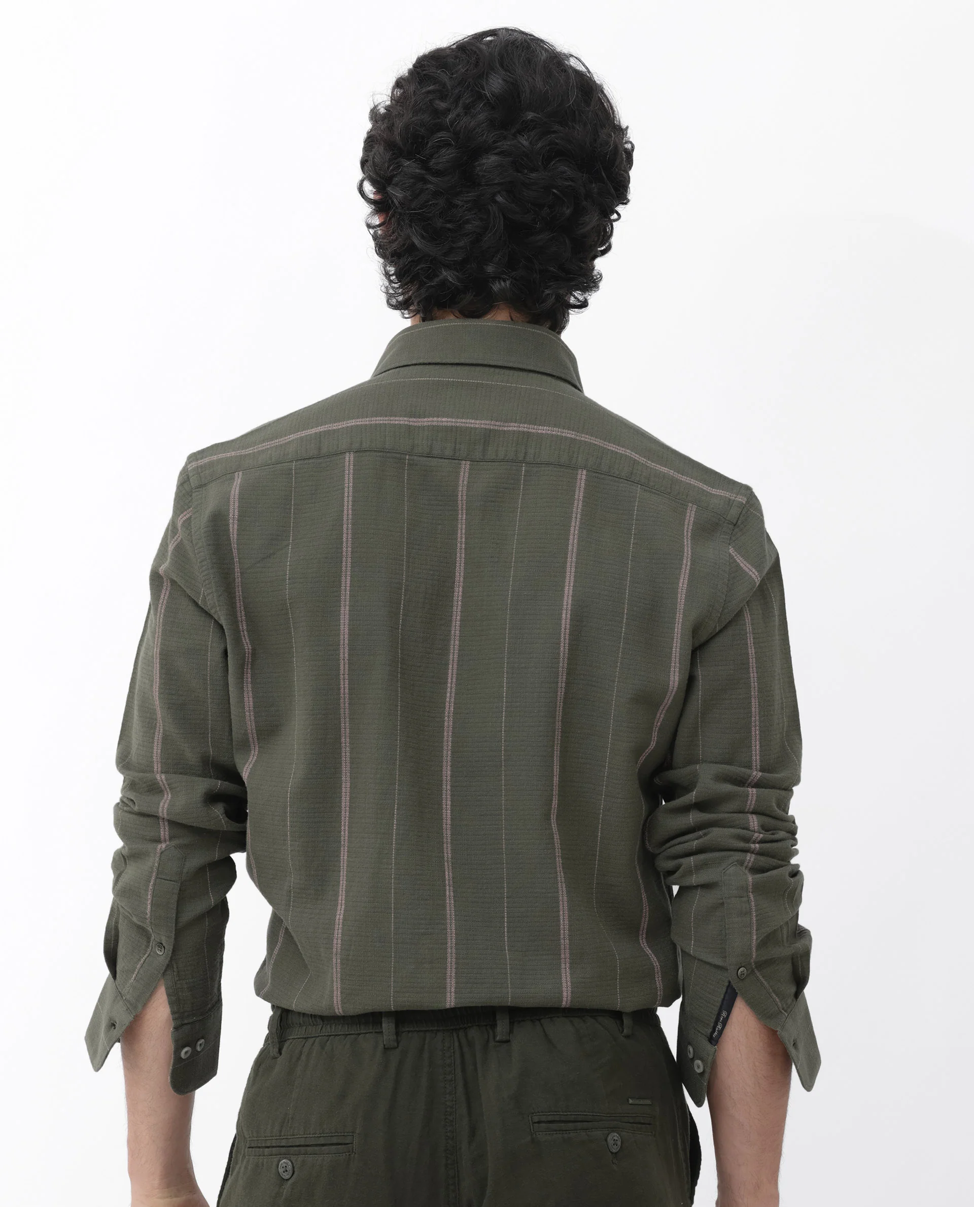 Rare Rabbit Men's Nico Olive Viscose Striped Print Regular Fit Full Sleeve Collared Shirt - Image 9
