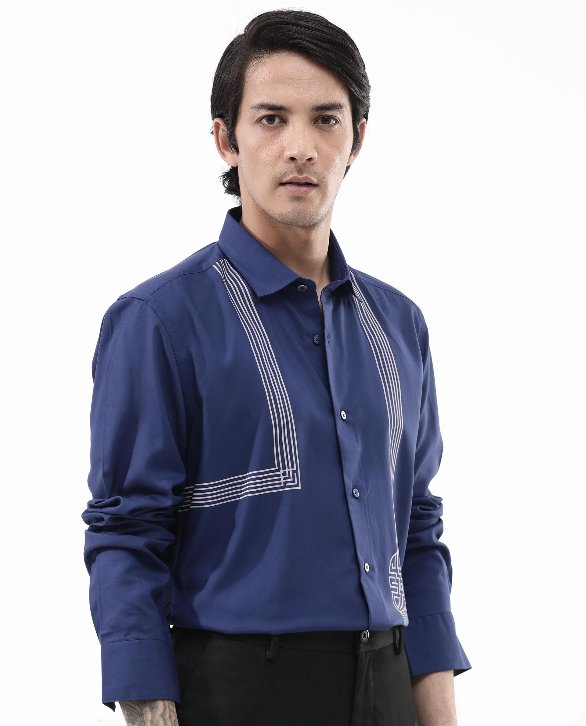 Rare Rabbit Men's Nicol Petrol Cotton Geometric Print Regular Fit Full Sleeve Collared Shirt - Image 3