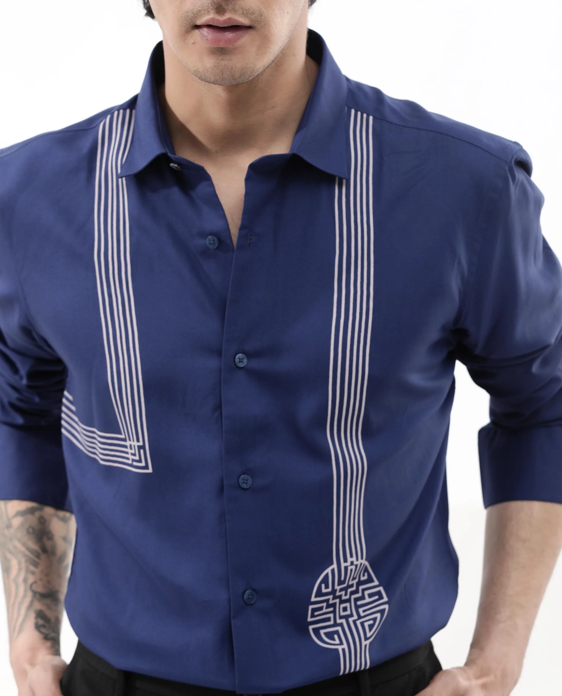 Rare Rabbit Men's Nicol Petrol Cotton Geometric Print Regular Fit Full Sleeve Collared Shirt - Image 4