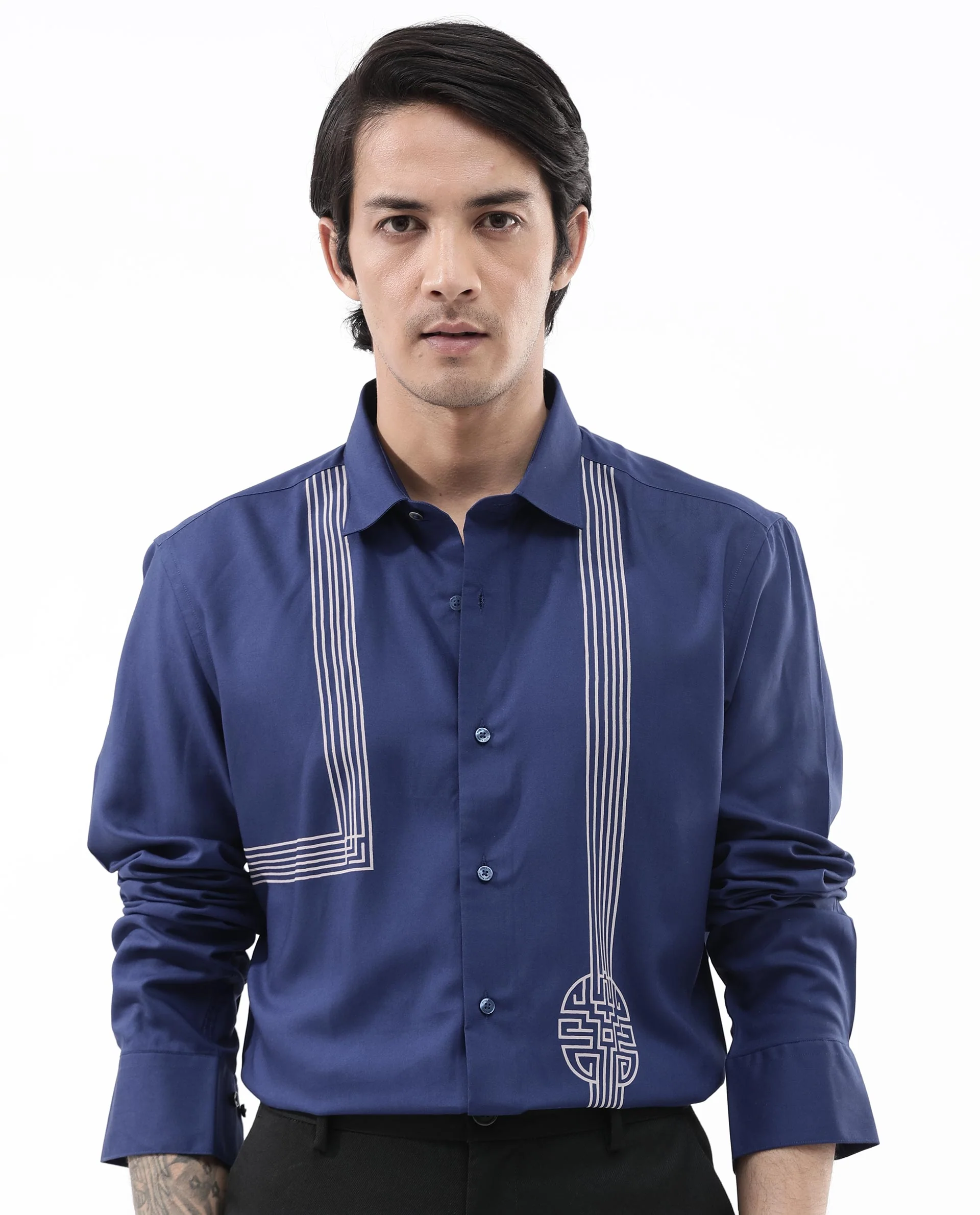 Rare Rabbit Men's Nicol Petrol Cotton Geometric Print Regular Fit Full Sleeve Collared Shirt - Image 6