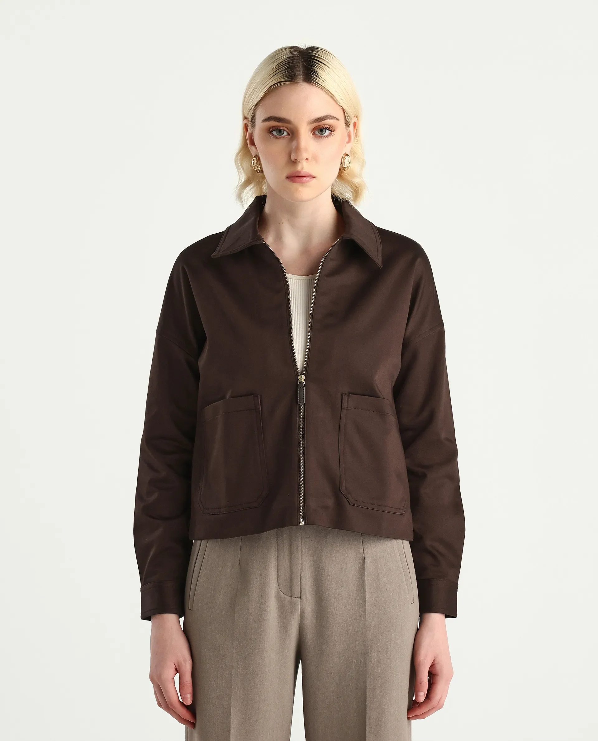Rareism Women's Nicolin Brown Cotton Blend Spread Collar Relaxed Fit Jacket - Image 3