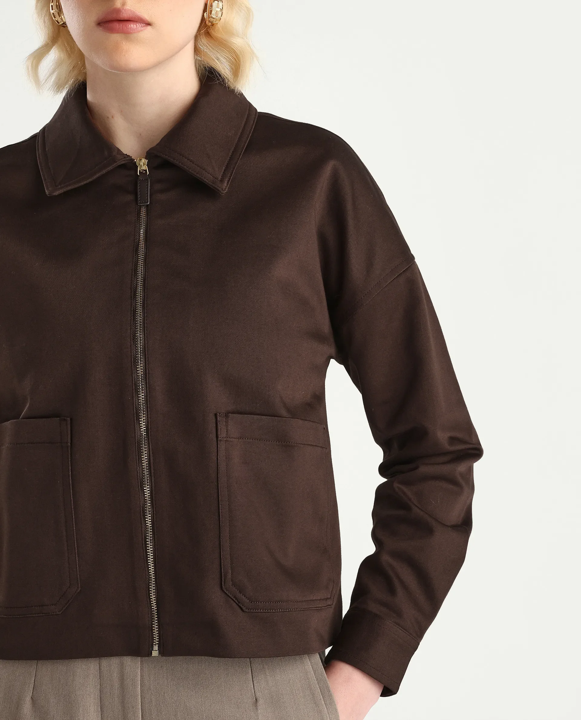 Rareism Women's Nicolin Brown Cotton Blend Spread Collar Relaxed Fit Jacket - Image 4