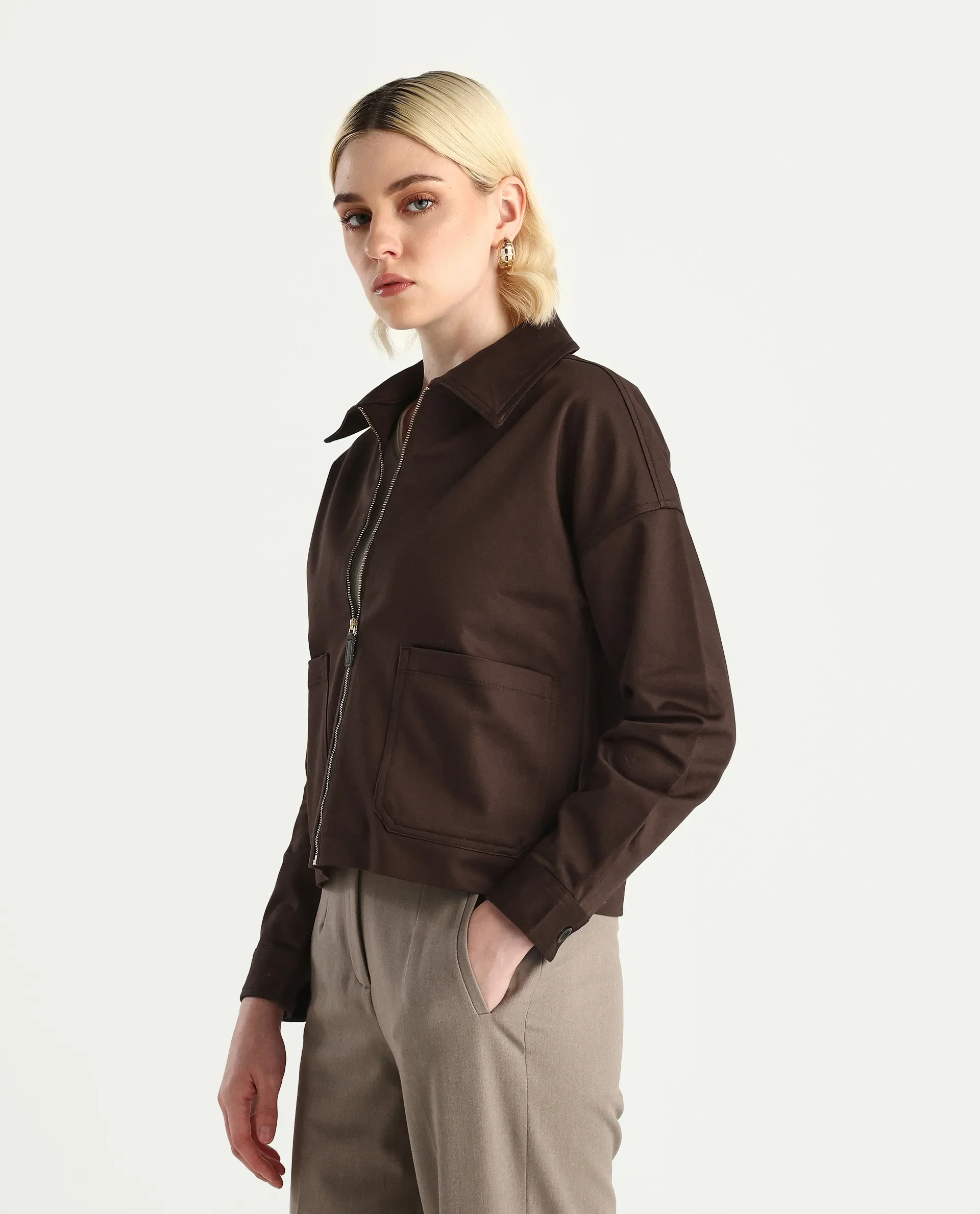Rareism Women's Nicolin Brown Cotton Blend Spread Collar Relaxed Fit Jacket - Image 5