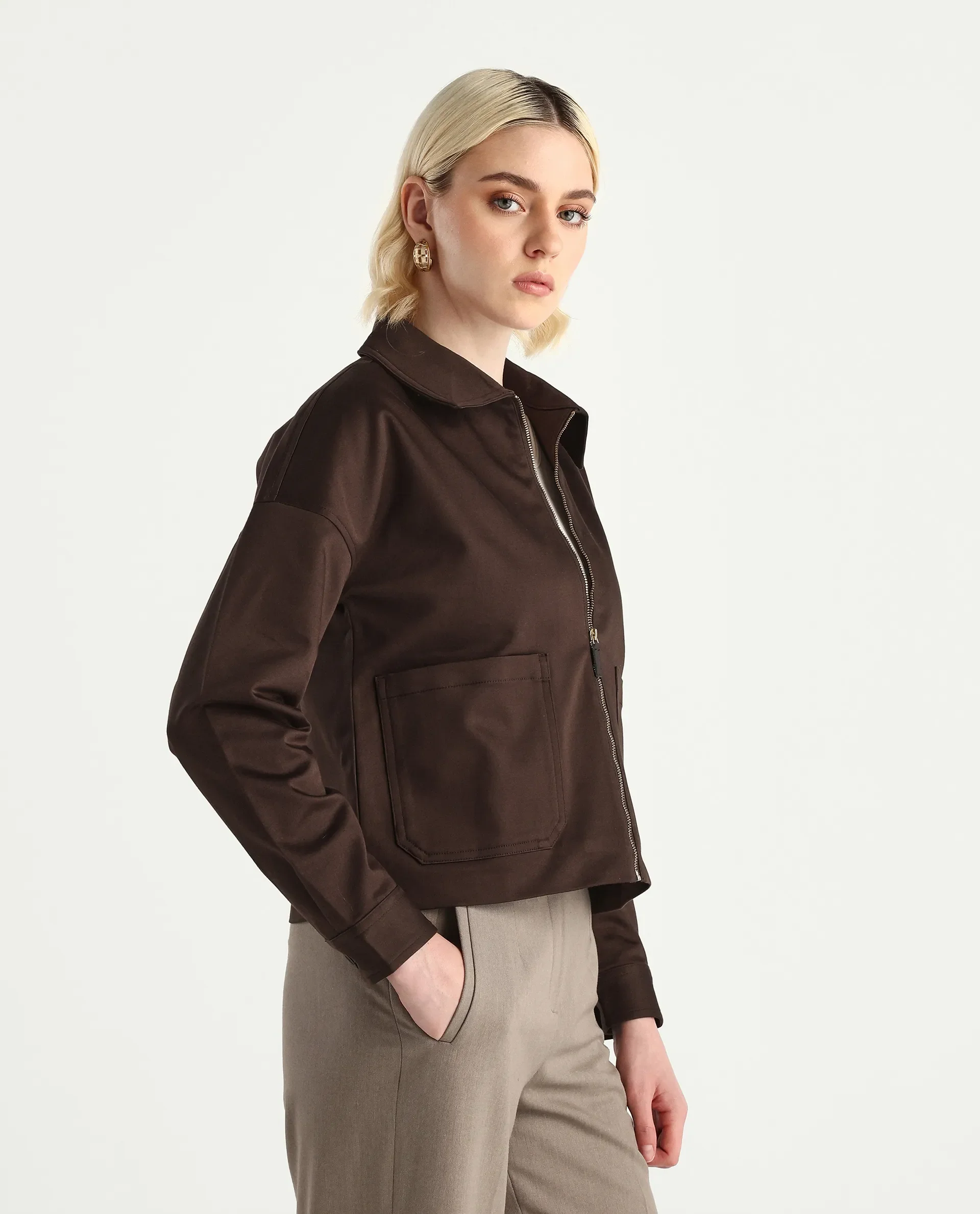 Rareism Women's Nicolin Brown Cotton Blend Spread Collar Relaxed Fit Jacket - Image 6