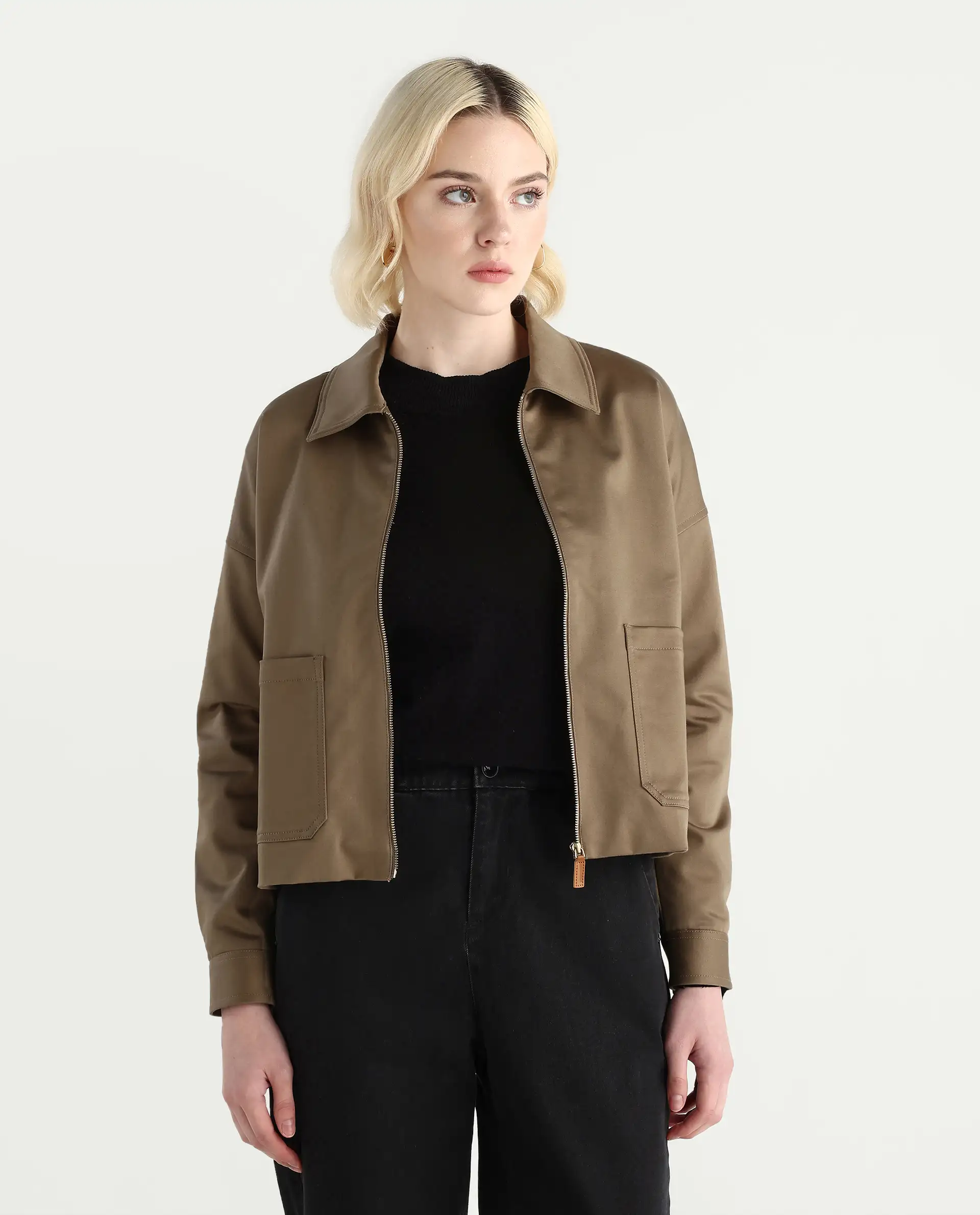 Rareism Women's Nicolin Khaki Cotton Blend Spread Collar Relaxed Fit Jacket - Image 3