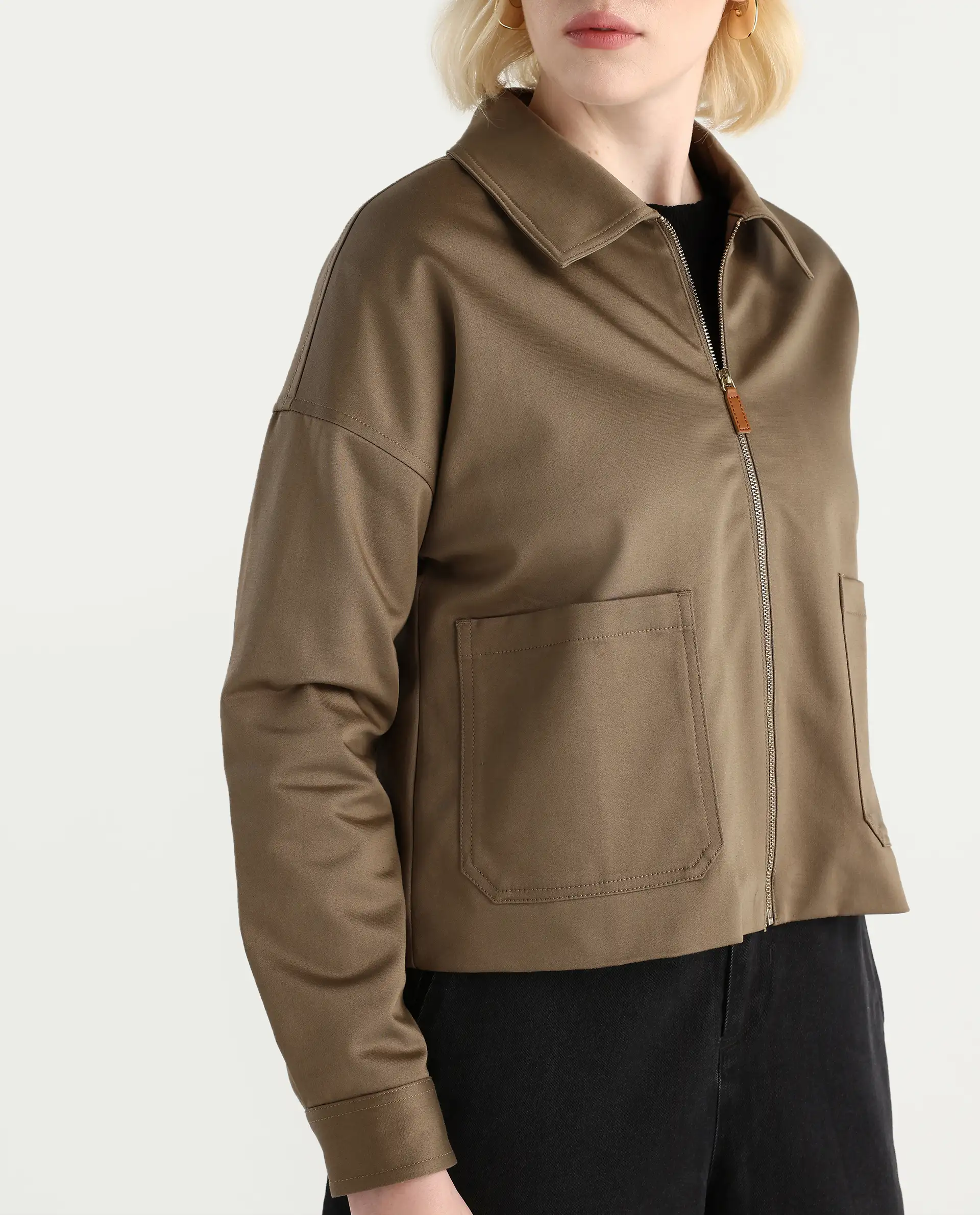 Rareism Women's Nicolin Khaki Cotton Blend Spread Collar Relaxed Fit Jacket - Image 4