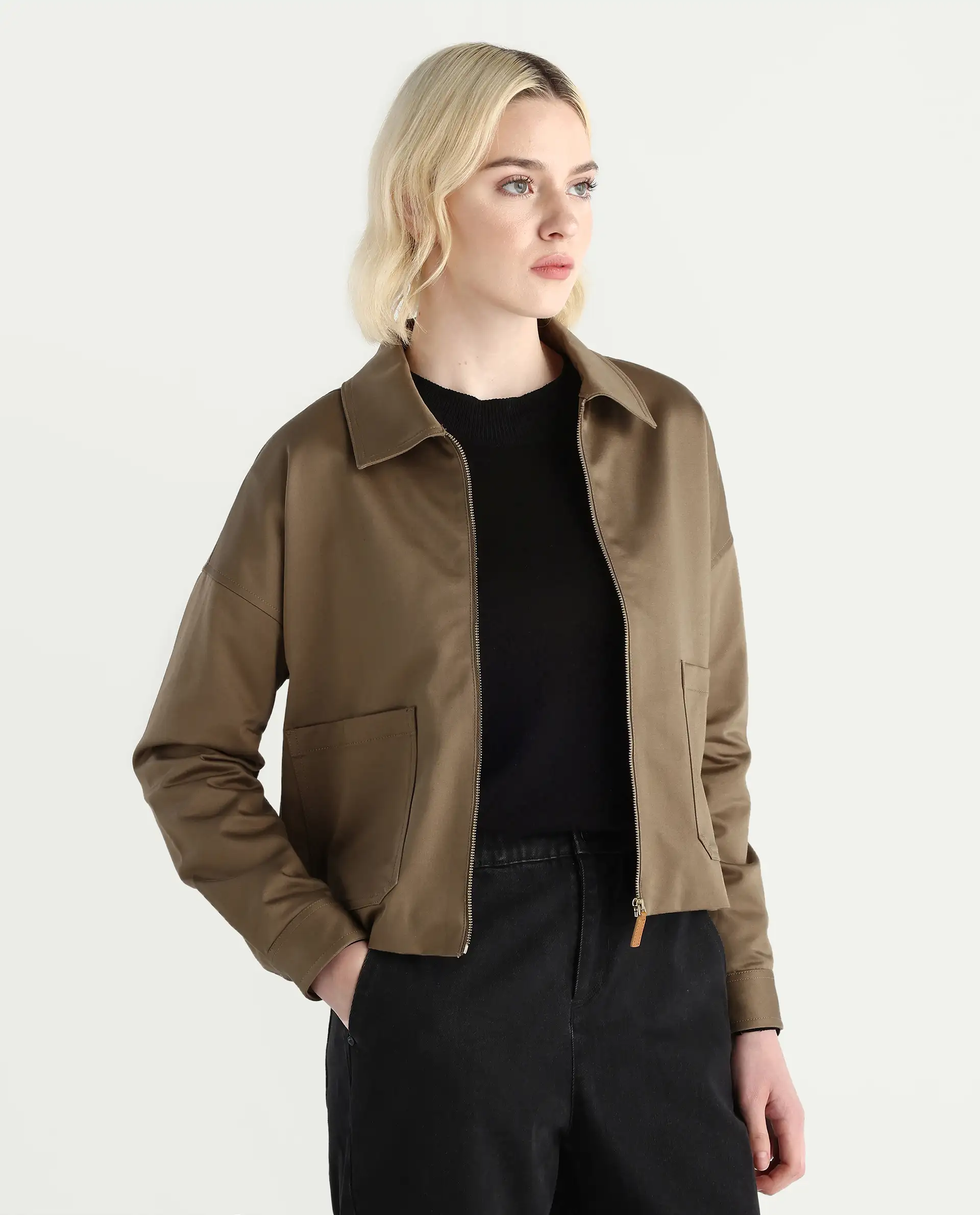 Rareism Women's Nicolin Khaki Cotton Blend Spread Collar Relaxed Fit Jacket - Image 6