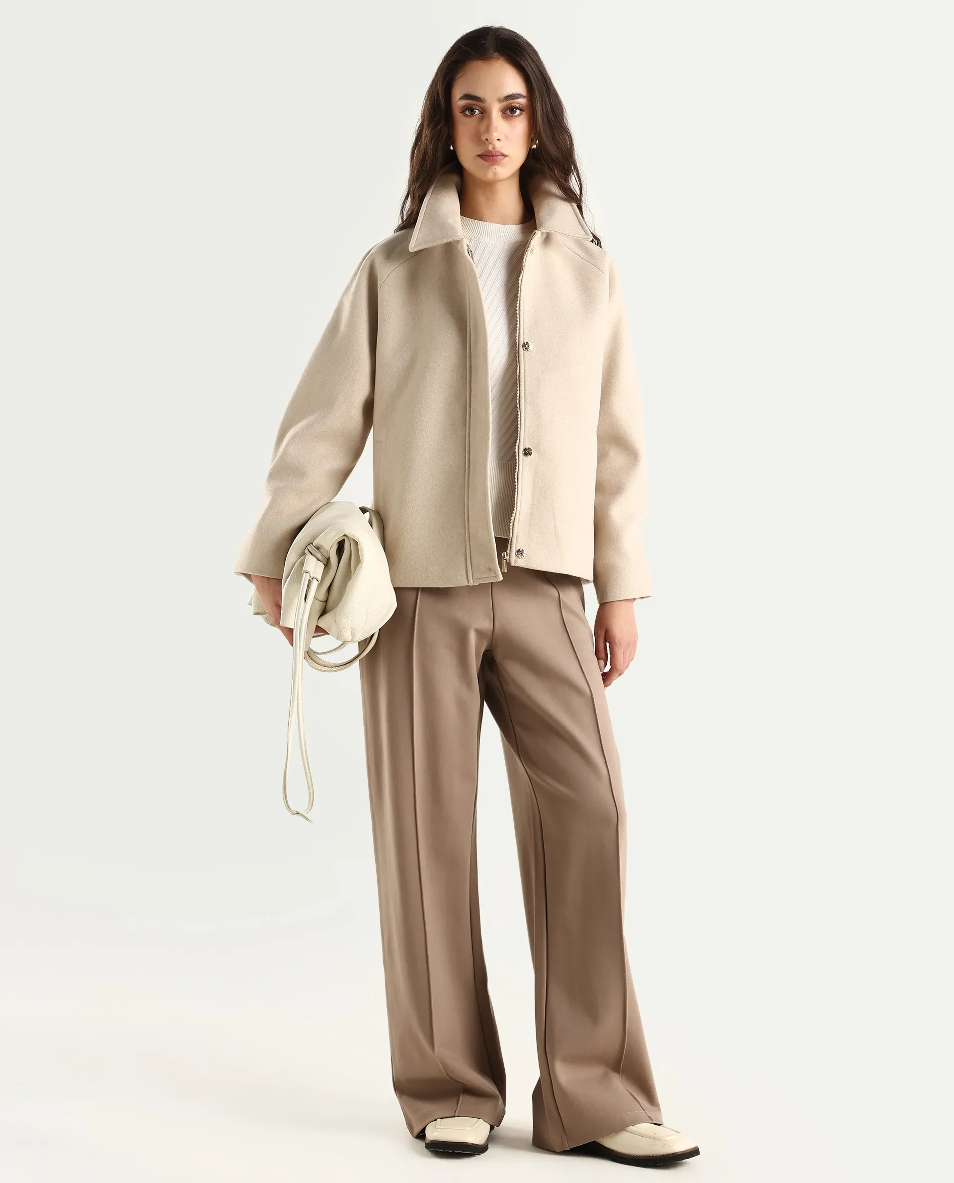 Rareism Women's Nicos Beige Polyester Blend Collared Neck Jacket Plain Jacket - Image 2
