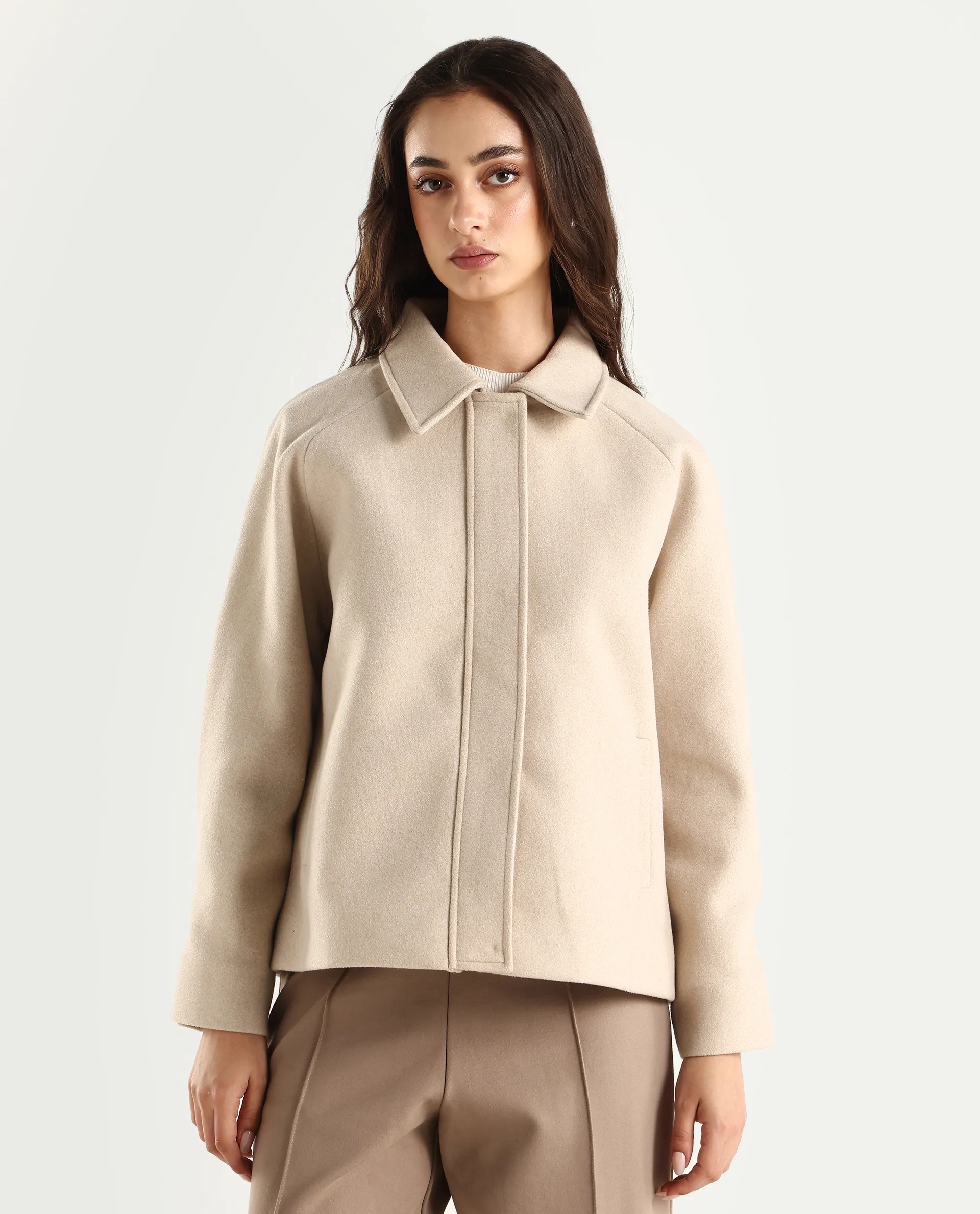 Rareism Women's Nicos Beige Polyester Blend Collared Neck Jacket Plain Jacket - Image 3