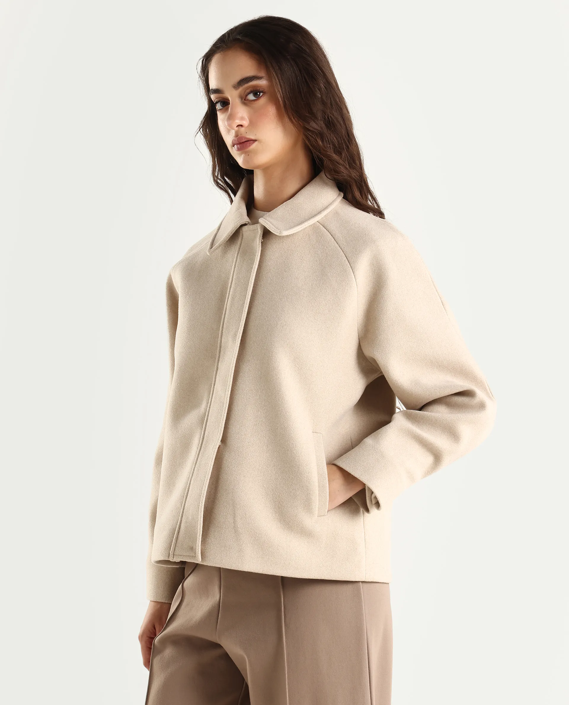 Rareism Women's Nicos Beige Polyester Blend Collared Neck Jacket Plain Jacket - Image 5