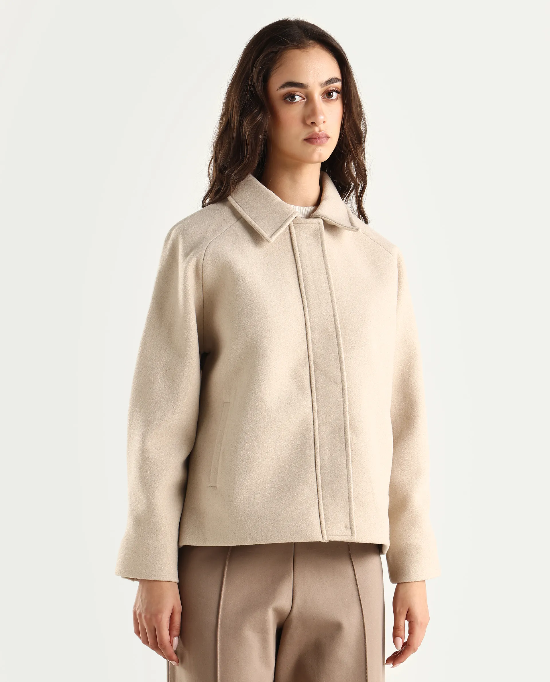 Rareism Women's Nicos Beige Polyester Blend Collared Neck Jacket Plain Jacket - Image 6