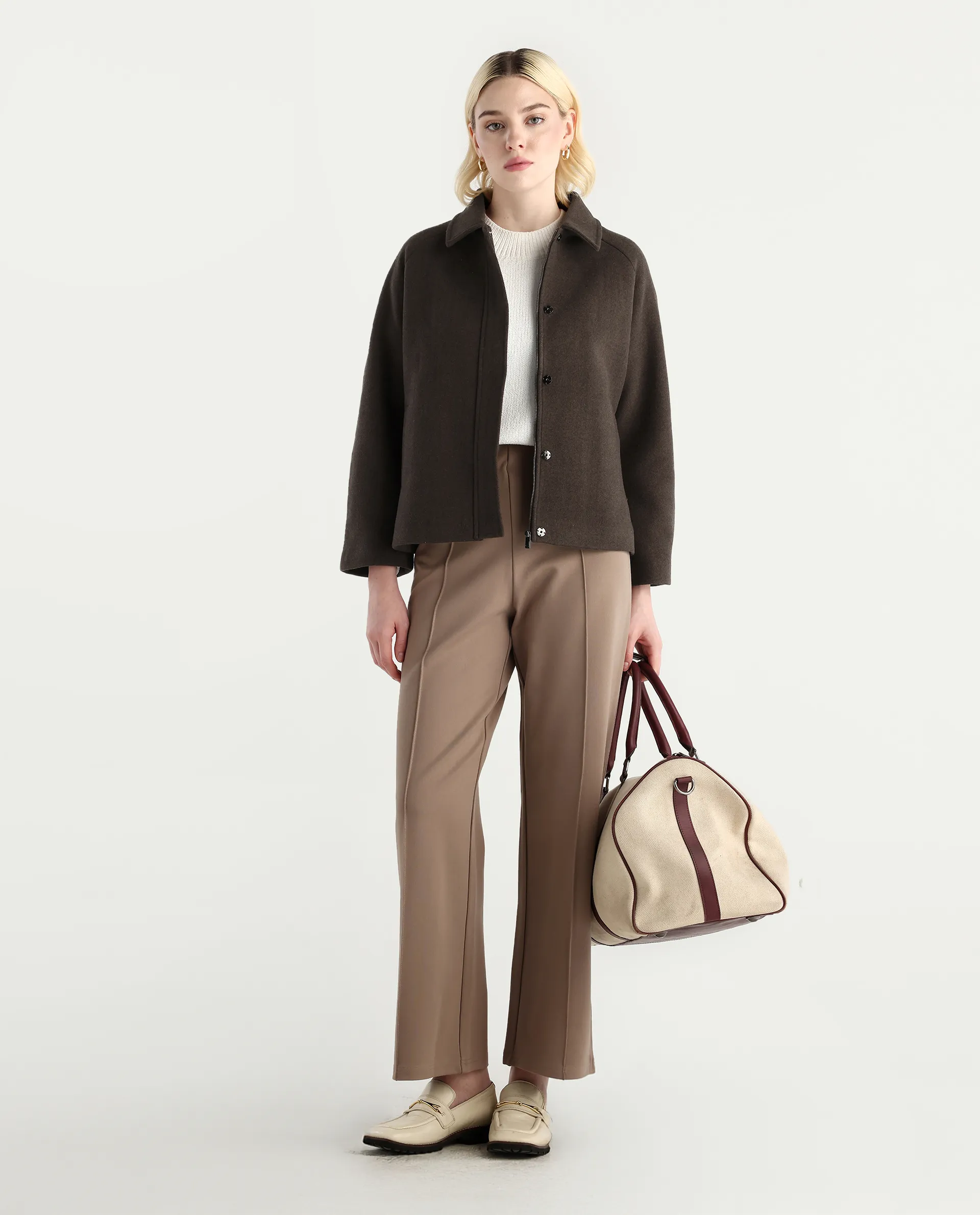 Rareism Women's Nicos Coffee Polyester Blend Collared Neck Jacket Plain Jacket - Image 2